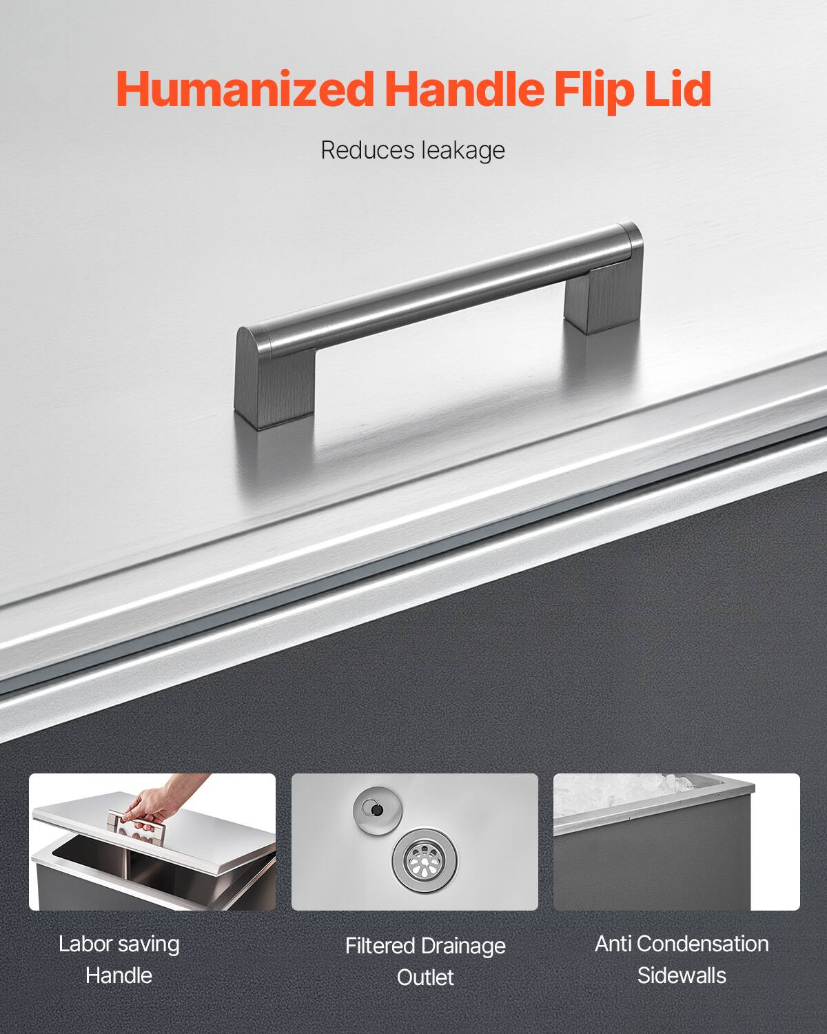 Humanized Handle Flip Lid  
Reduces leakage  

Labor saving Handle  
Filtered Drainage Outlet  
Anti Condensation Sidewalls