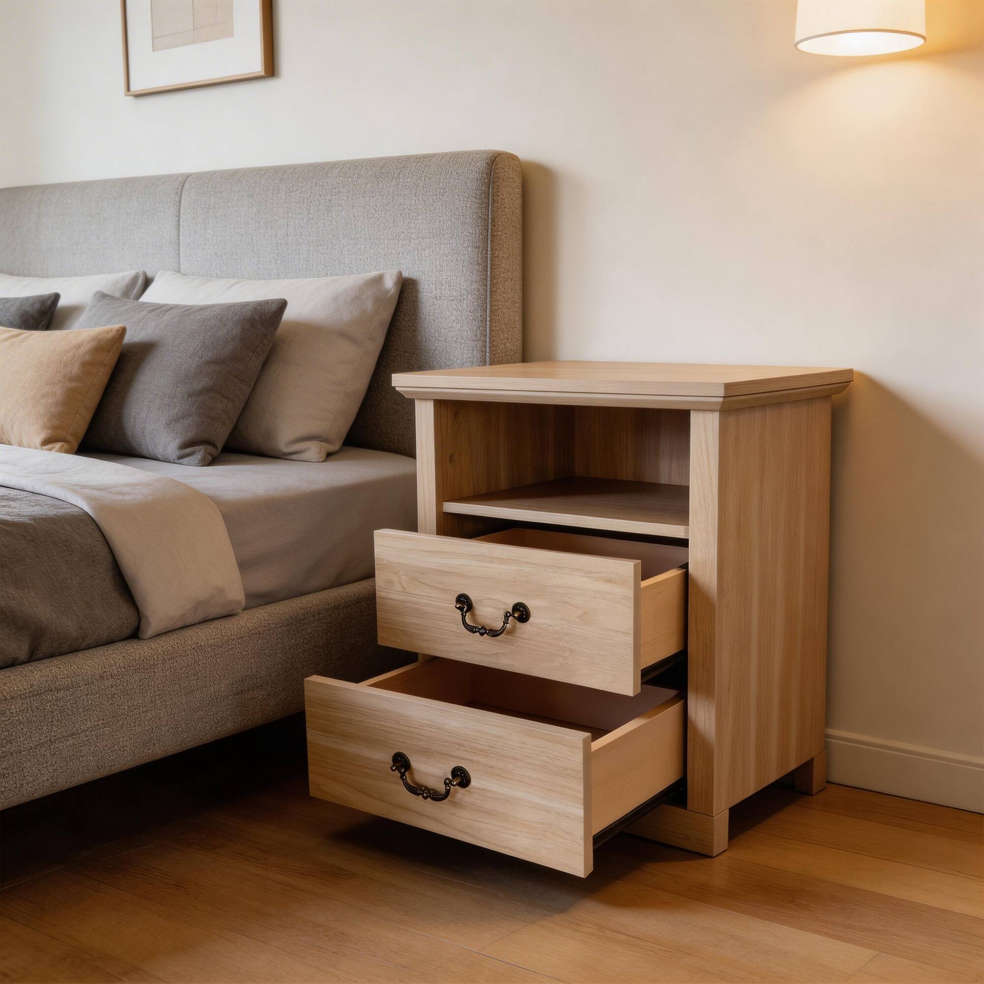 Left. Vaczon - Rustic Oak Nightstand Bedside Table with Open Shelf and 2 Drawers - Oak.