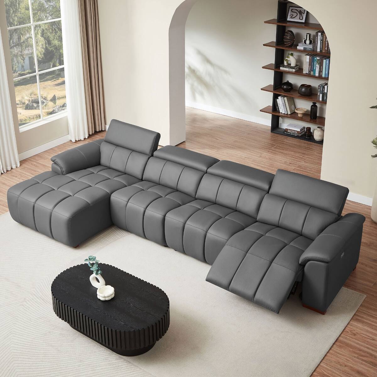 Front. Ropilly - Ropilly 4 Seat Reclining Sectional Sofa Genuine Leather Wall Hugger with USB Port Dark Grey - Dark Grey.