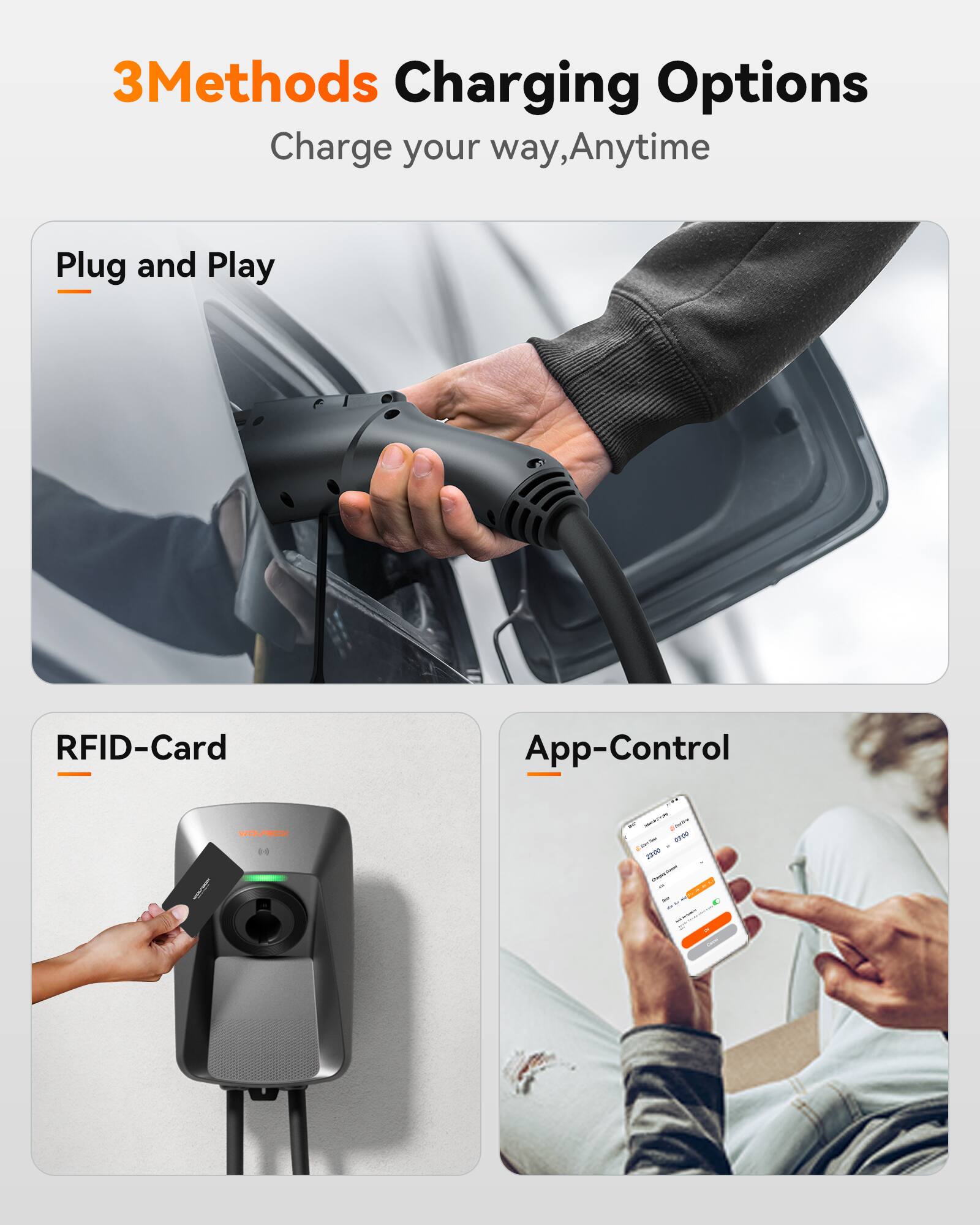 3 Methods Charging Options  
Charge your way, Anytime  

- Plug and Play  
- RFID-Card  
- App-Control