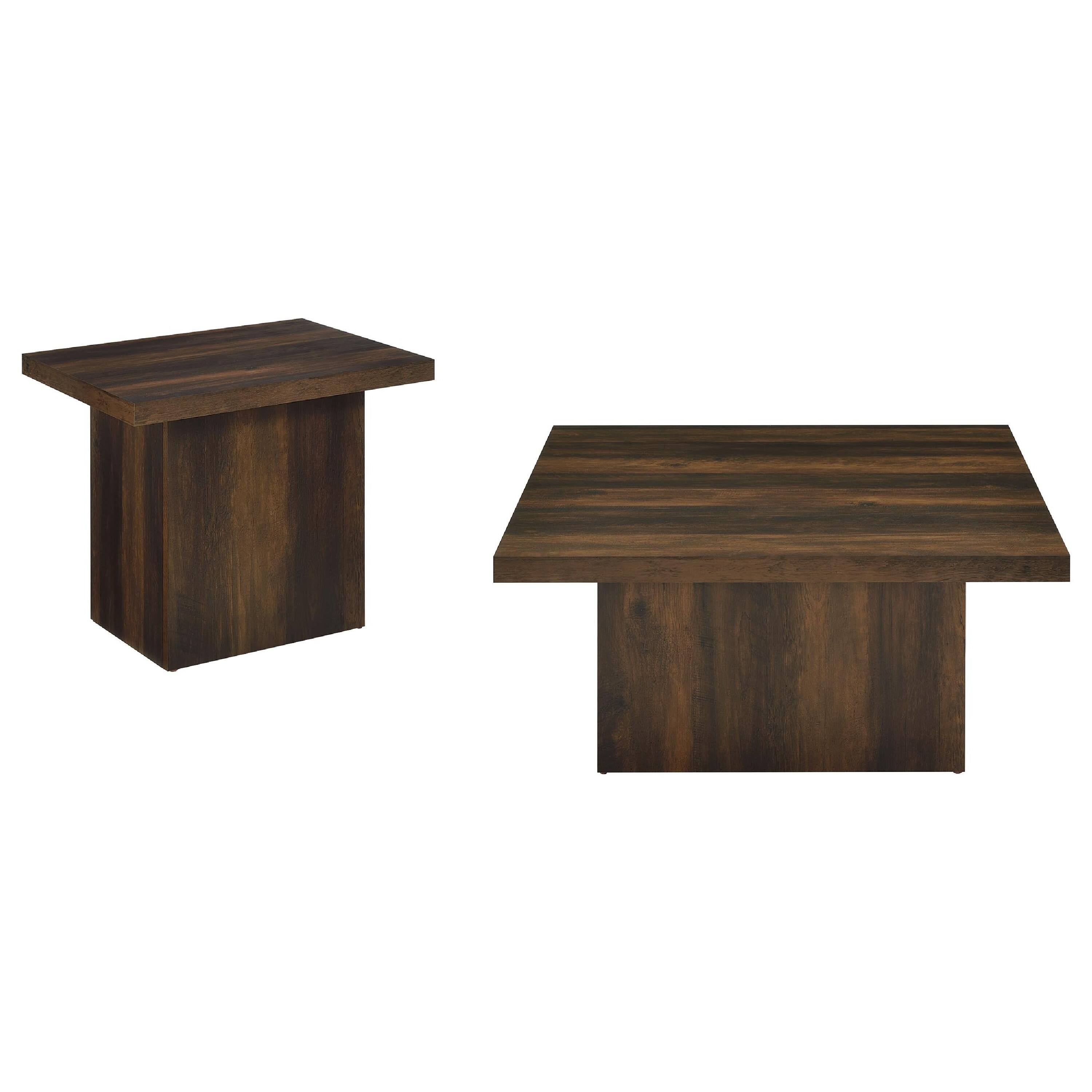 Front. Manhattan Lane - Darla 2Pc Square Coffee and End Table Set, Block Bases, Dark Pine Wood - Brown.