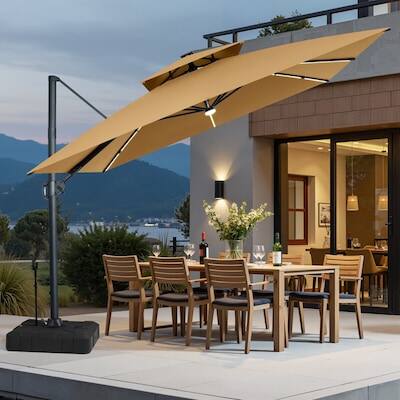 Alt View 8. Crestlive Products - Crestlive Products 11X11FT Patio Offset Cantilever Umbrella 2-Tier Top With Solar-Lighted Strips 350lbs Rod Wheel Base - tan.