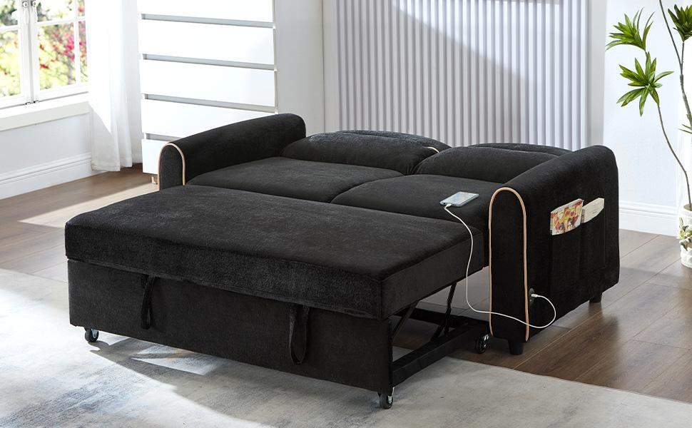 Angle. Roomtec - Chenille Pull Out Sofa Bed 58inch Sofa Bed Sleeper Sofa Loveseat Sofa with Adjustable 3 Position Backrest 4 Side - Black.