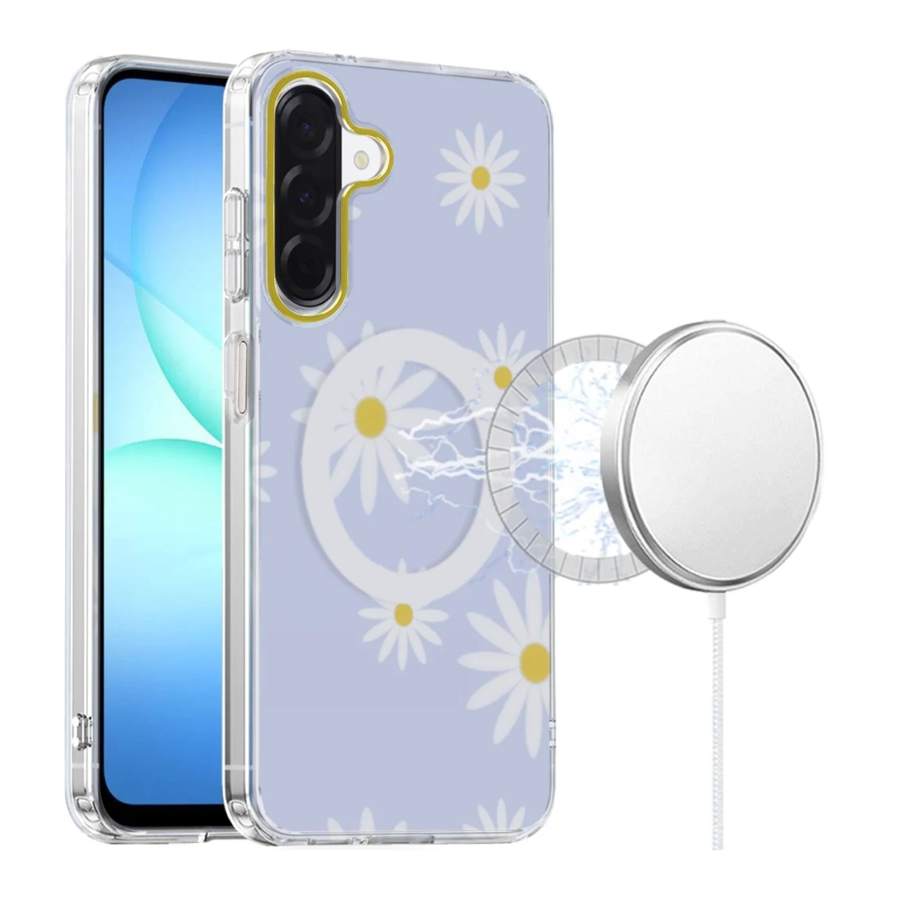 Angle. Kitcheniva - IMD Dual Layer Magnetic Circle Cover Phone Case With Tempered Glass For Samsung Galaxy A17 5G Sky Blue Daisy - Sky Blue Daisy.
