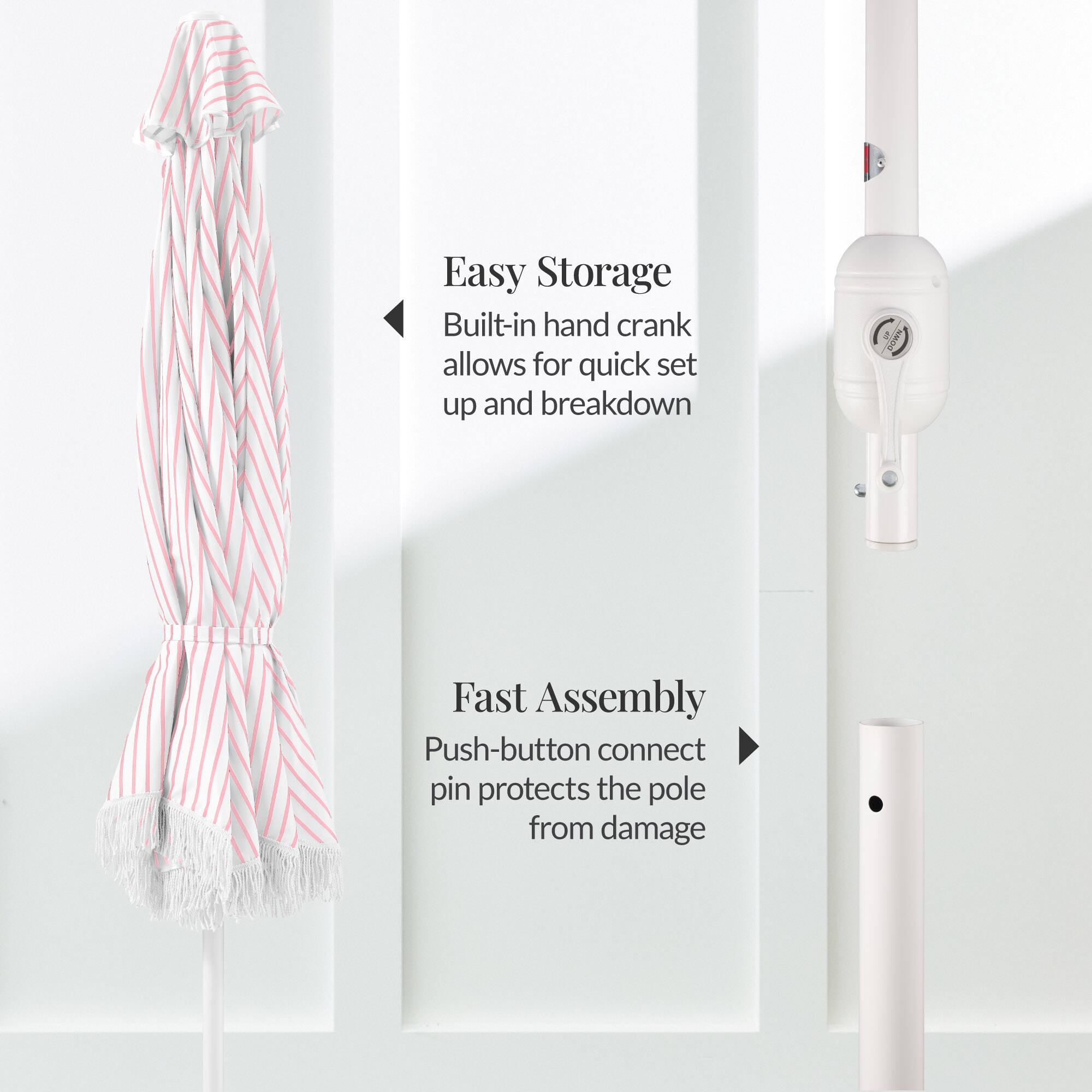 Easy Storage  
Built-in hand crank allows for quick set up and breakdown  

Fast Assembly  
Push-button connect pin protects the pole from damage
