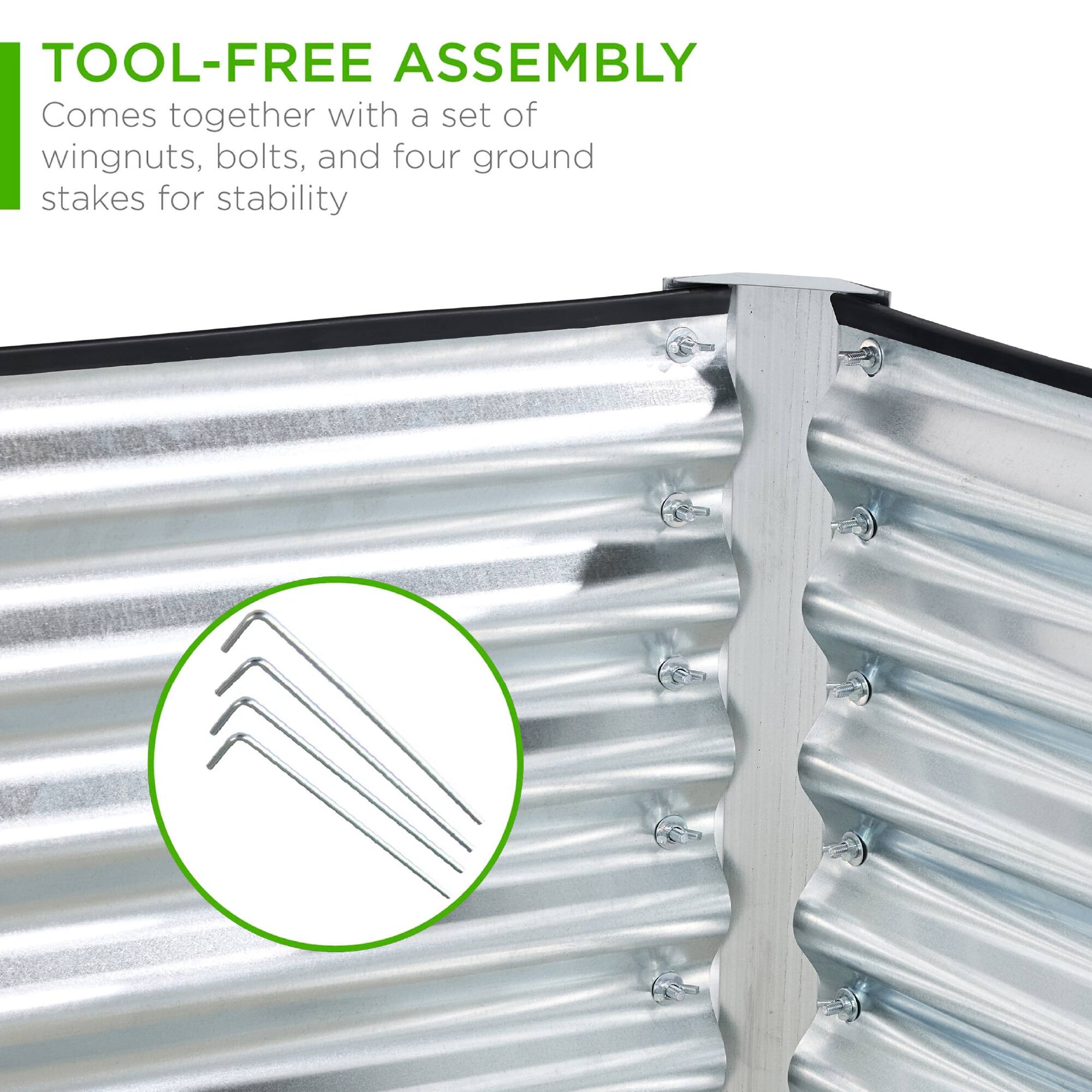 TOOL-FREE ASSEMBLY  
Comes together with a set of wingnuts, bolts, and four ground stakes for stability