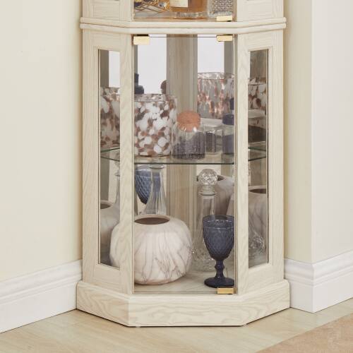 Back. LUCKY ONE - 15.31in Freestanding Corner Curio Cabinet with Glass Shelves LED Light Display for Wine Bar Collectibles - Antique White.