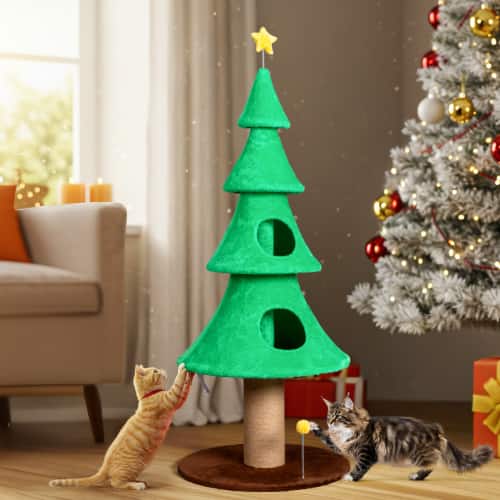 Winado - 59in Christmas Tree Cat Tower Tree with 2 Cat Condos, Scratching Post with Teaser Toy, Sturdy Base for Indoor Cats Toy
