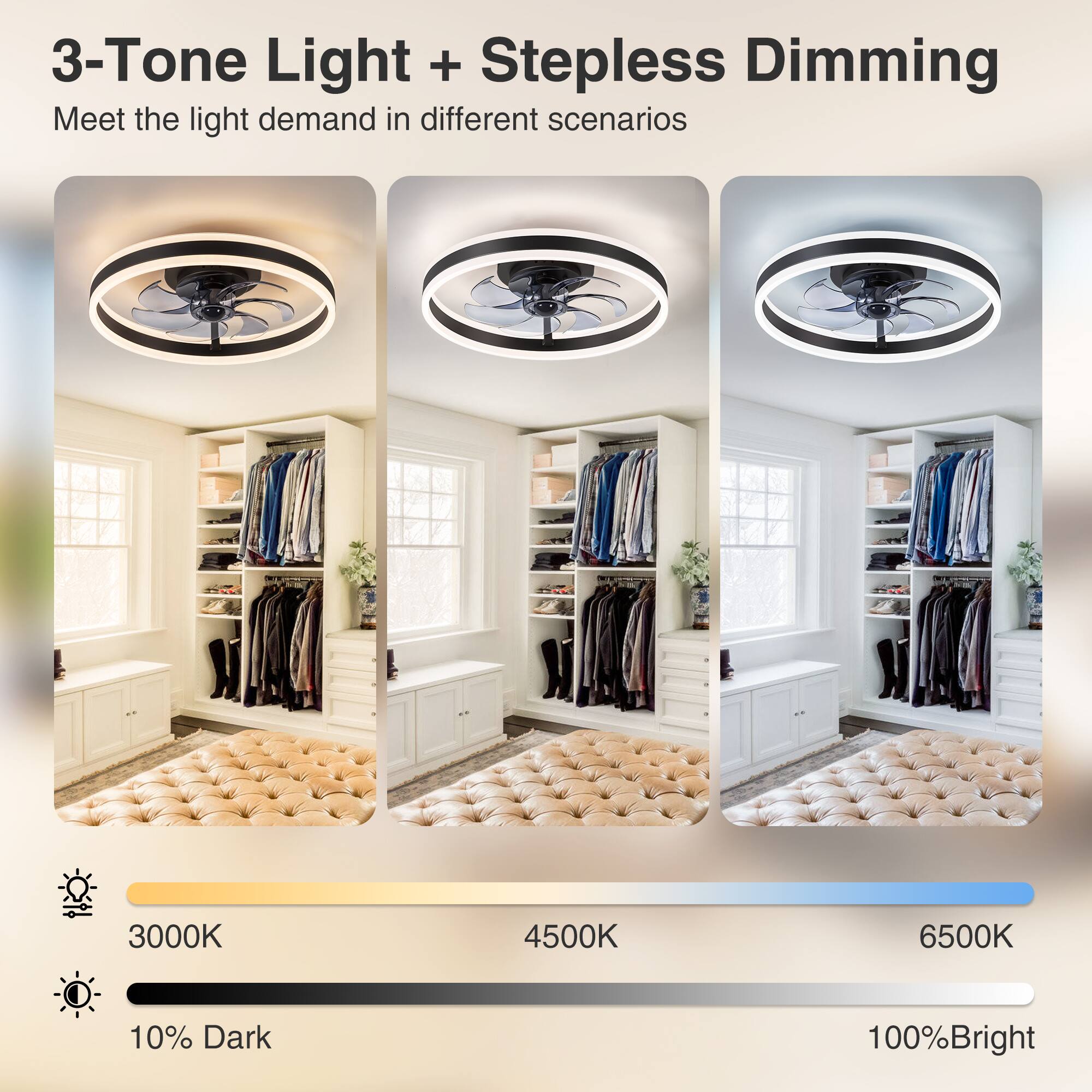 3-Tone Light + Stepless Dimming  
Meet the light demand in different scenarios  

3000K 4500K 6500K  
10% Dark 100% Bright
