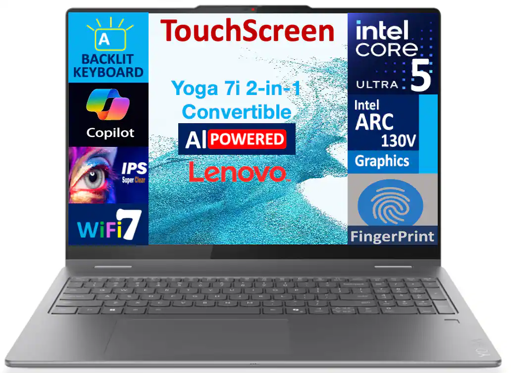 A TouchScreen intel CORE 5 ULTRA Yoga 7i 2-in-1 Convertible AI POWERED Lenovo. BACKLIT KEYBOARD Copilot IPS Super Clear Intel ARC 130V Graphics WiFi 7 FingerPrint