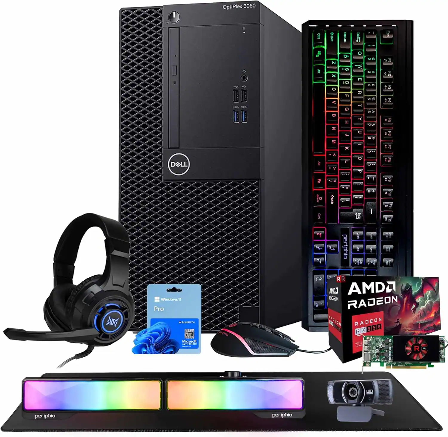 Dell - Refurbished Excellent - Optiplex 3060 Tower Computer-Intel i5-AMD RadeonRX550-32GB -250GB NVMe+1TB SSD-24"LCD--Sndbr-Headst-Win 11 Pro - Black