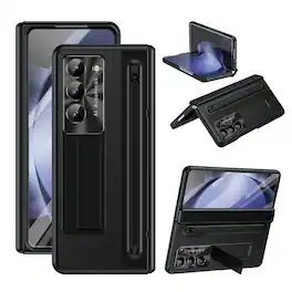 Dteck - Case For Samsung Galaxy Z Fold 5, Luxury Plate Rugged Kickstand Hinge Protection Cover with Front Screen Film+Stylus - Black