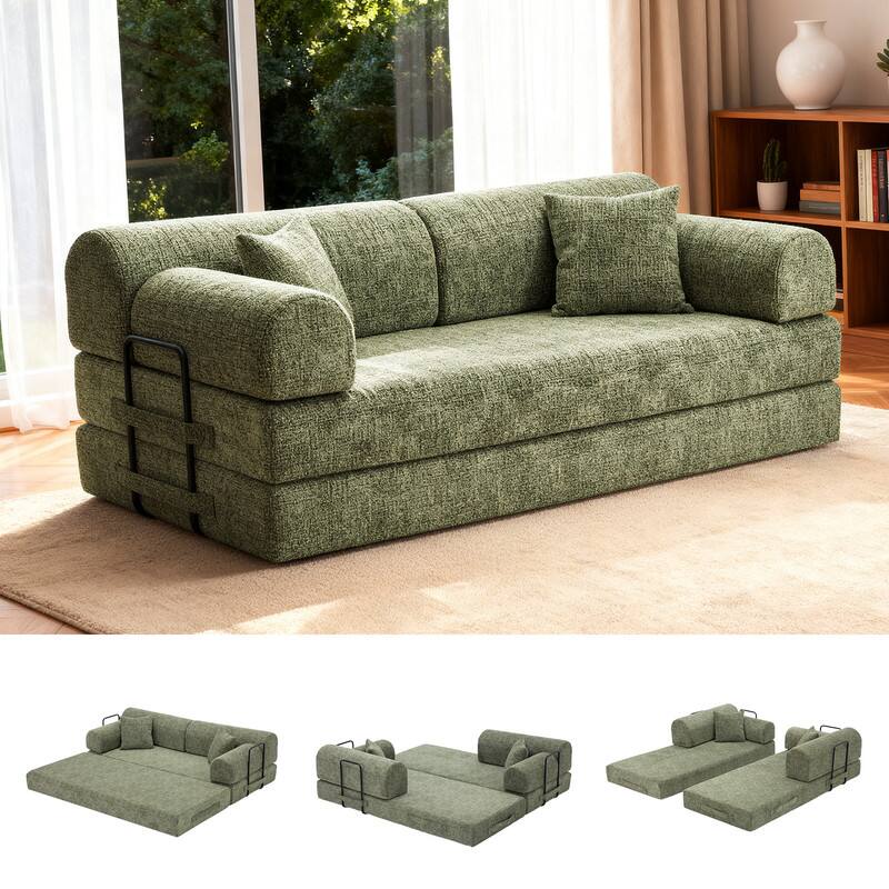 Front. ATOPSUN - Convertible Sleeper Sofa Bed,Two‑Tone Bouclé Folding Floor Couch w/Fixed‑Shape Frame for Living Room&Bedroom,Moss Green - Moss Green.