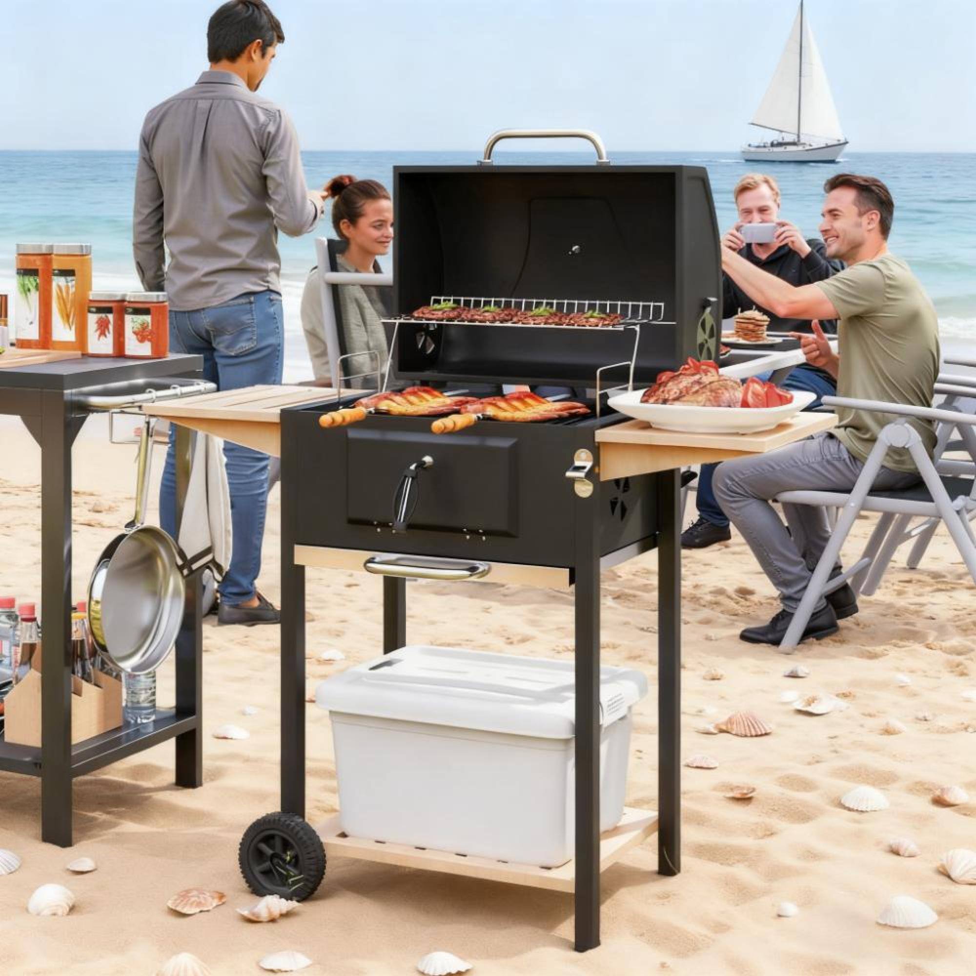 Alt View 4. GOODSILO - Premium Charcoal BBQ Grill with Adjustable Heat Control and Convenient Storage Shelves - Black.