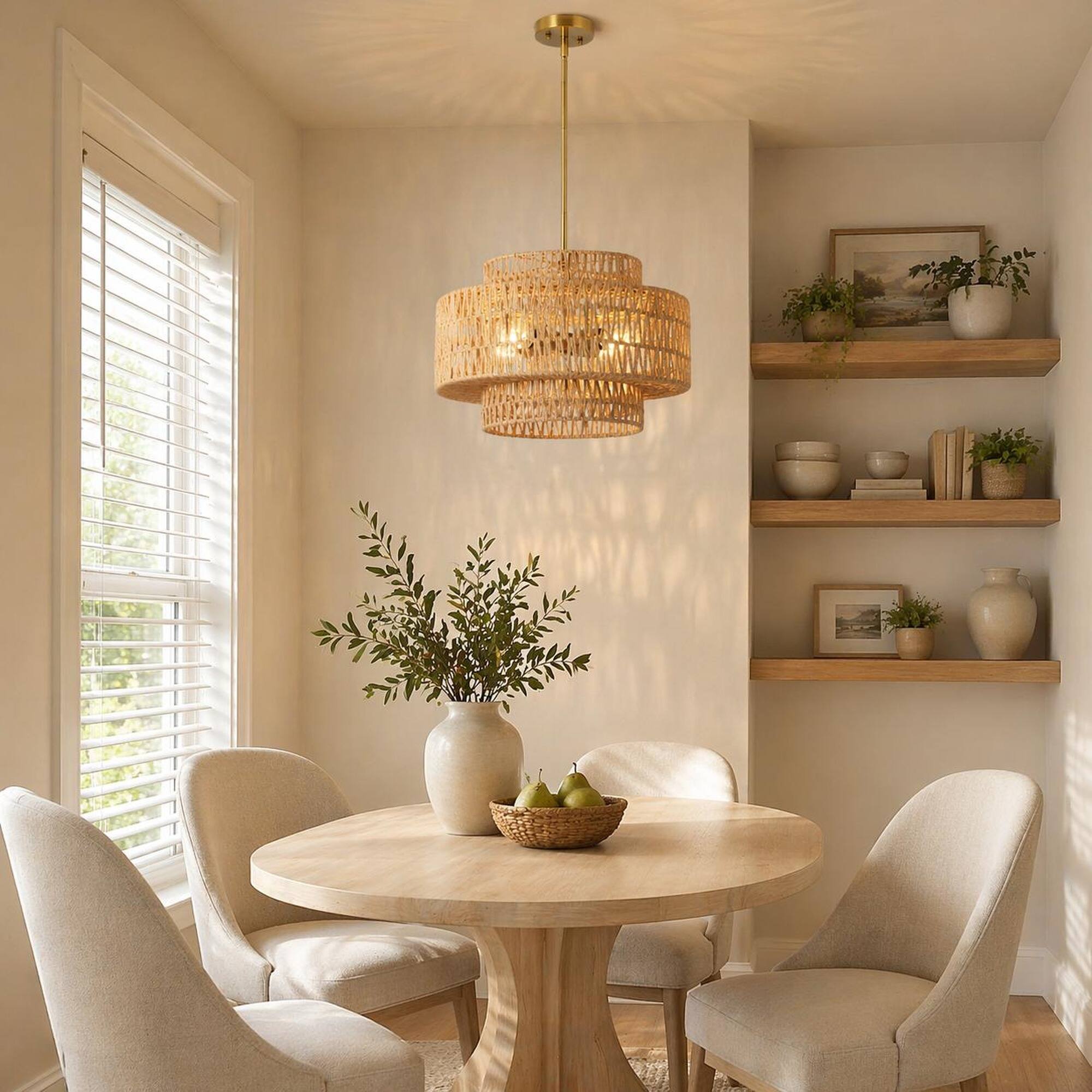 Alt View 1. RYHNUYNE - 17.7 Inch Boho Farmhouse Rustic Rattan Chandelier, 4-Light E26 Hand Woven Wicker Pendant Light Fixture for Dining Room.
