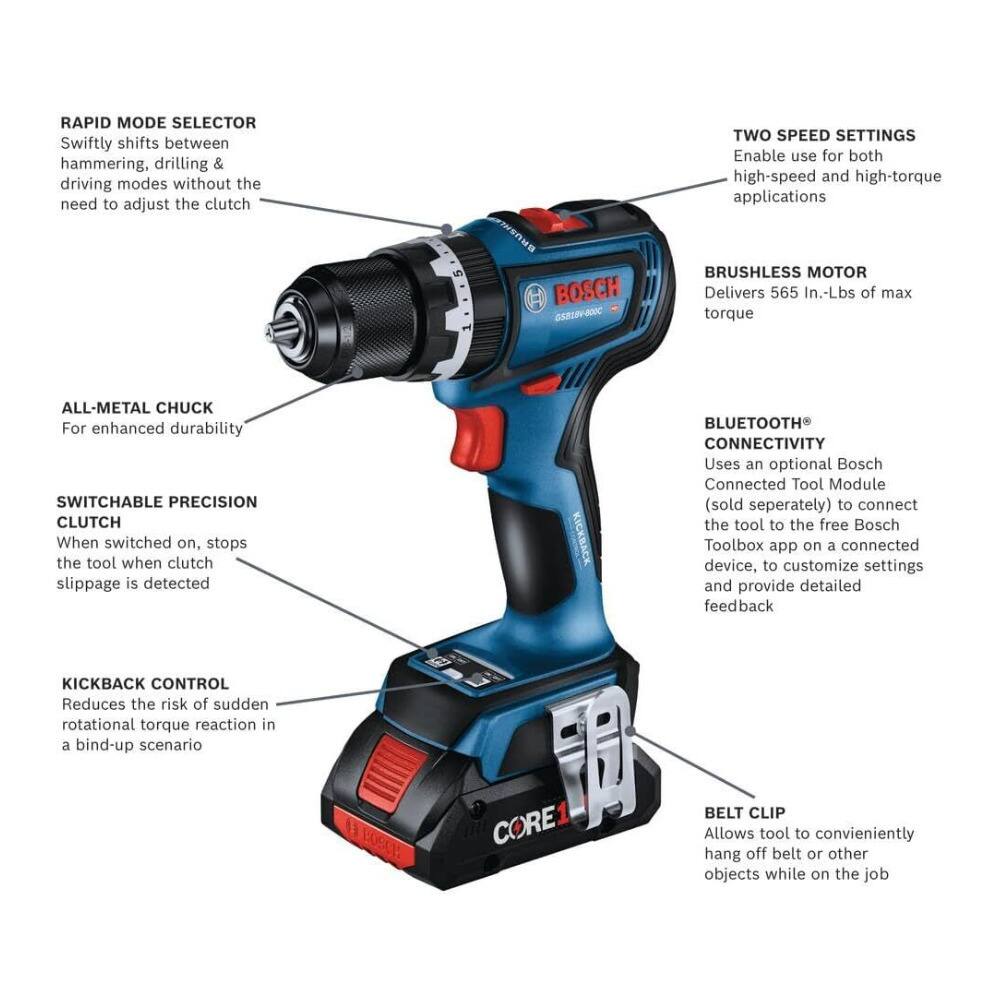 RAPID MODE SELECTOR  
Swiftly shifts between hammering, drilling & driving modes without the need to adjust the clutch  

TWO SPEED SETTINGS  
Enable use for both high-speed and high-torque applications  

BOSCH BRUSHLESS MOTOR  
Delivers 565 In.-Lbs of max torque  

ALL-METAL CHUCK  
For enhanced durability  

SWITCHABLE PRECISION CLUTCH  
When switched on, stops the tool when clutch slippage is detected  

KICKBACK CONTROL  
Reduces the risk of sudden rotational torque reaction in a bind-up scenario  

BLUETOOTH® CONNECTIVITY  
Uses an optional Bosch Connected Tool Module (sold separately) to connect the tool to the free Bosch Toolbox app on a connected device, to customize settings and provide detailed feedback  

BELT CLIP  
Allows tool to conveniently hang off belt or other objects while on the job