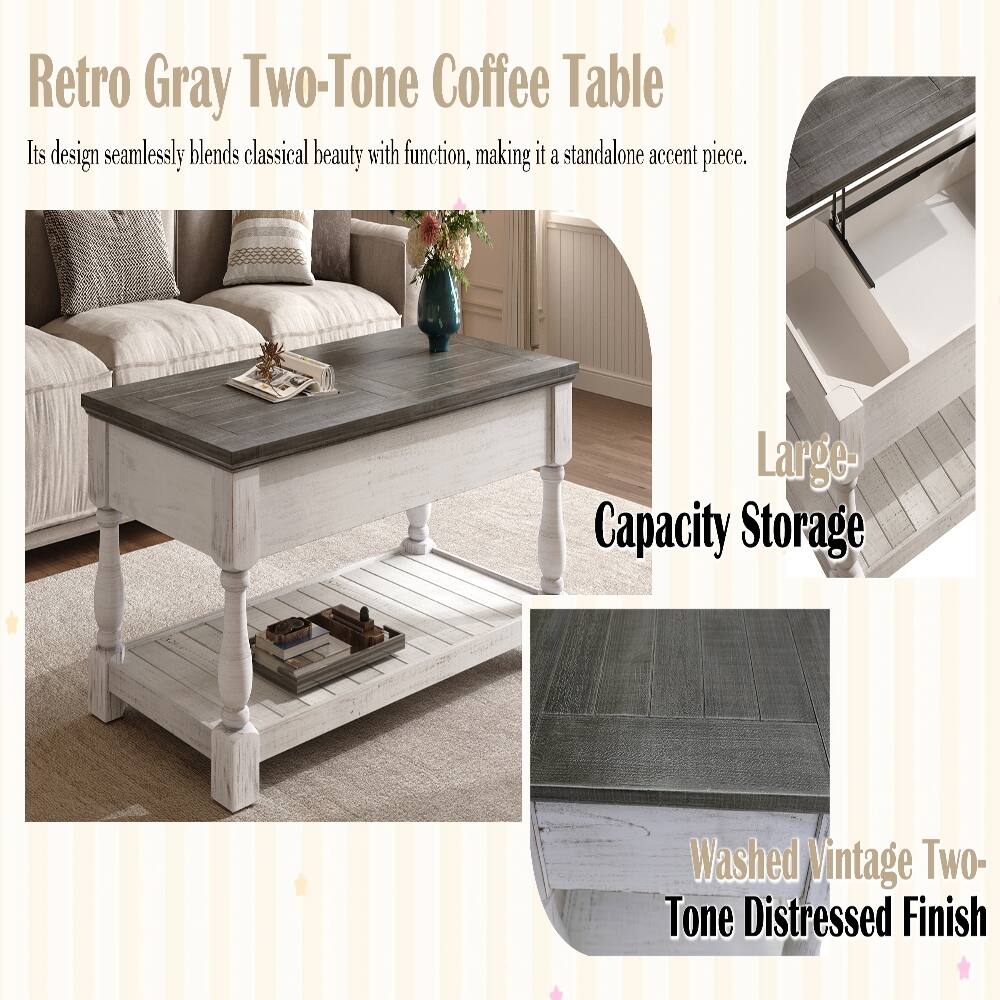 Retro Gray Two-Tone Coffee Table  
Its design seamlessly blends classical beauty with function, making it a standalone accent piece.  

Large Capacity Storage  

Washed Vintage Two-Tone Distressed Finish