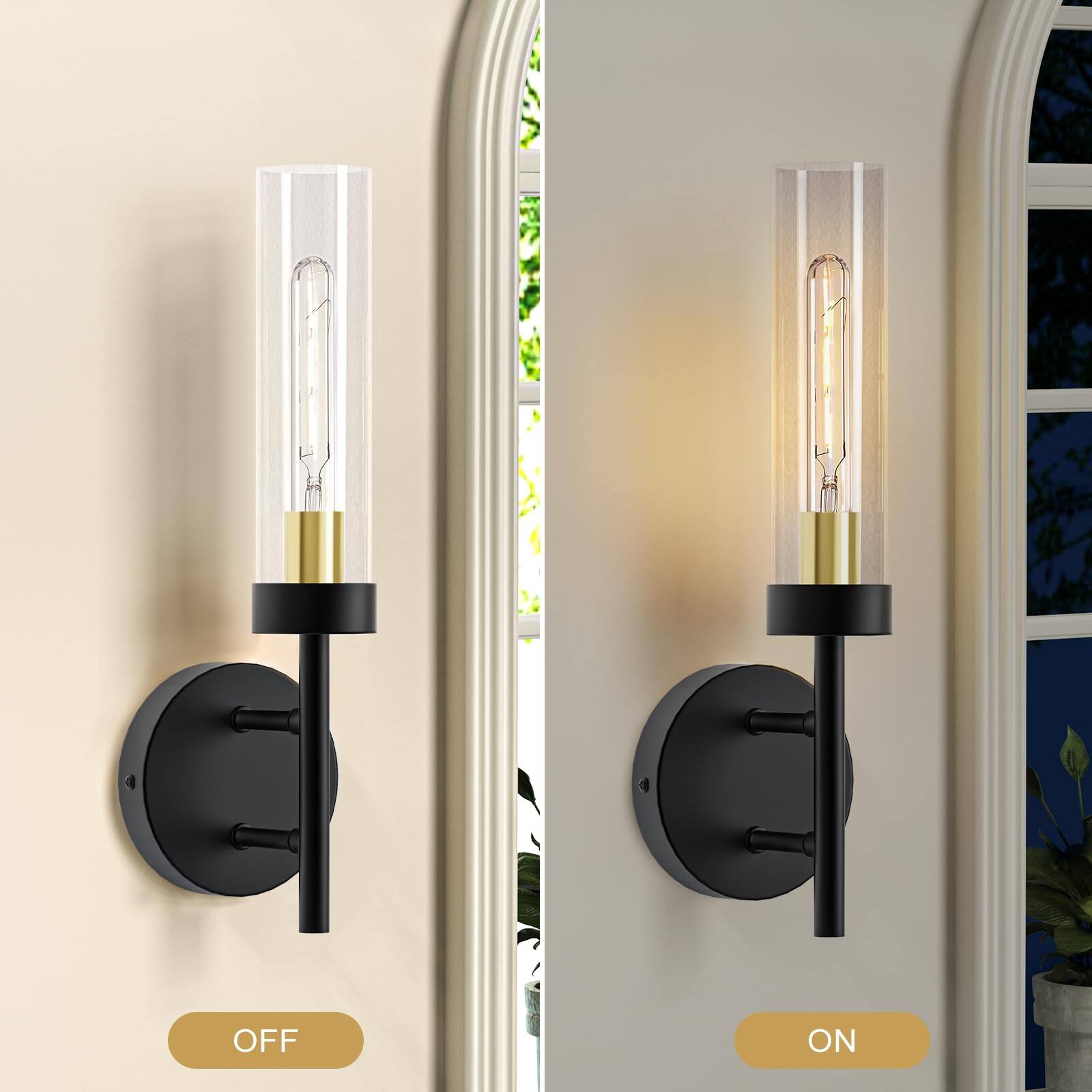 Back. E.P. Light - Set of 2 Modern Wall Sconces with Glass Lampshade - Black & Gold.