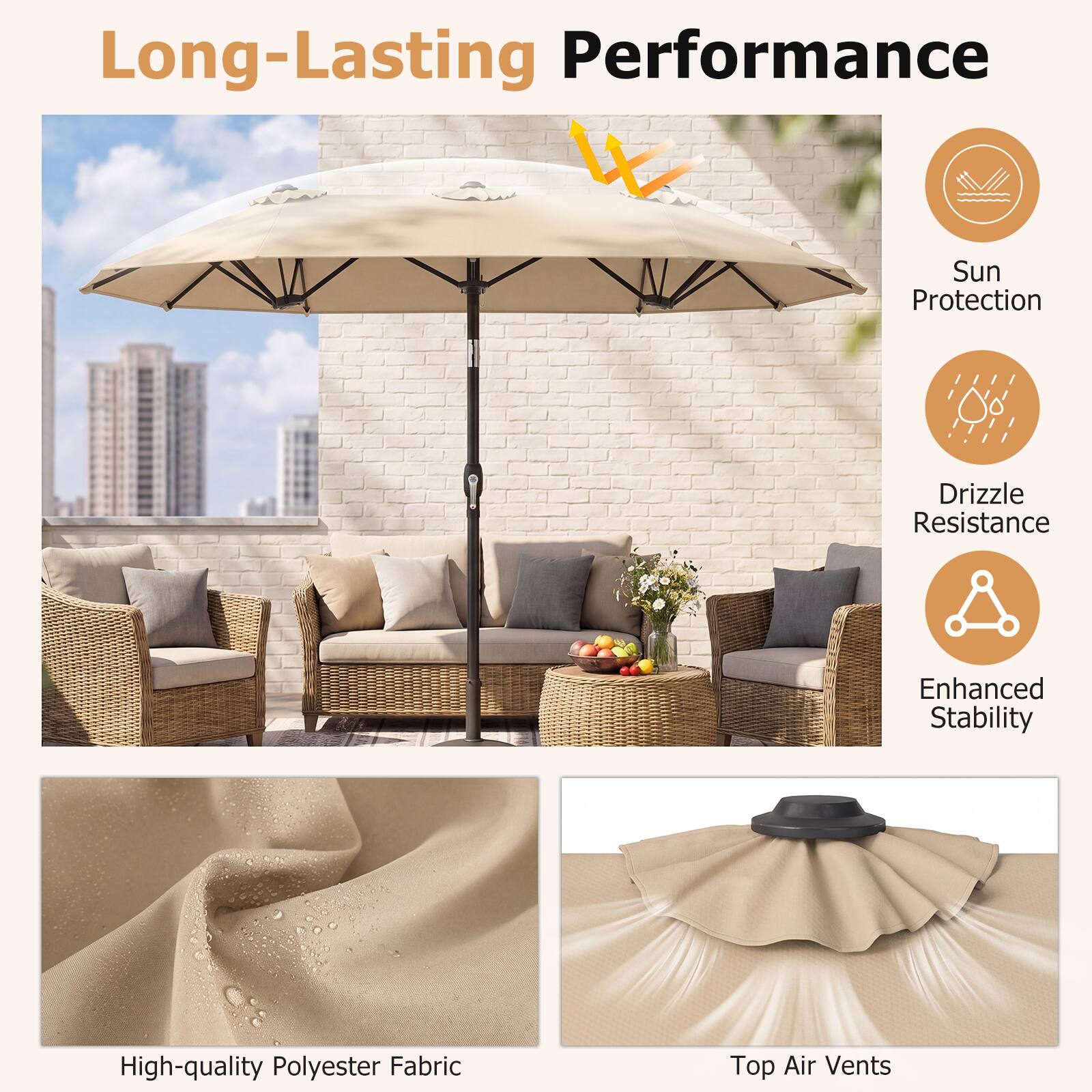 Long-Lasting Performance  
- Sun Protection  
- Drizzle Resistance  
- Enhanced Stability  
- High-quality Polyester Fabric  
- Top Air Vents