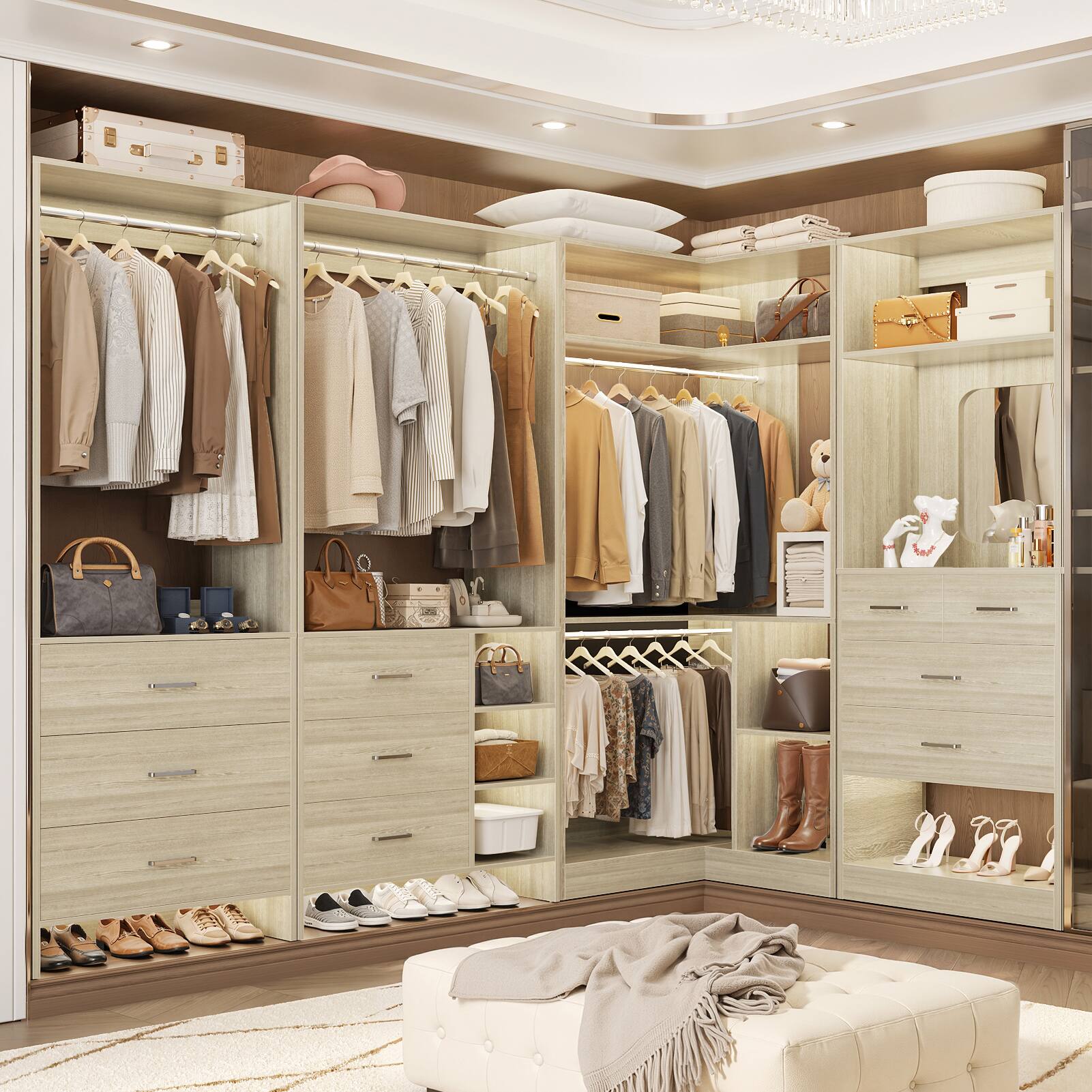 Alt View 1. Aheaplus - 79'' Wide Closet System Set, Closet Storage & Organization Unit with 10 Drawrs & 2 Hanging Rods, 3 Packs - Beige Oak.