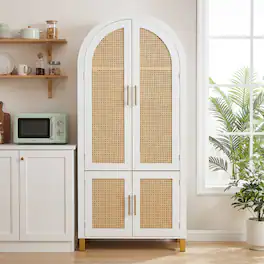 Loheer - Arched Storage Cabinet with Rattan Doors, Farmhouse Storage Cabinet with Adjustable Shelves - White