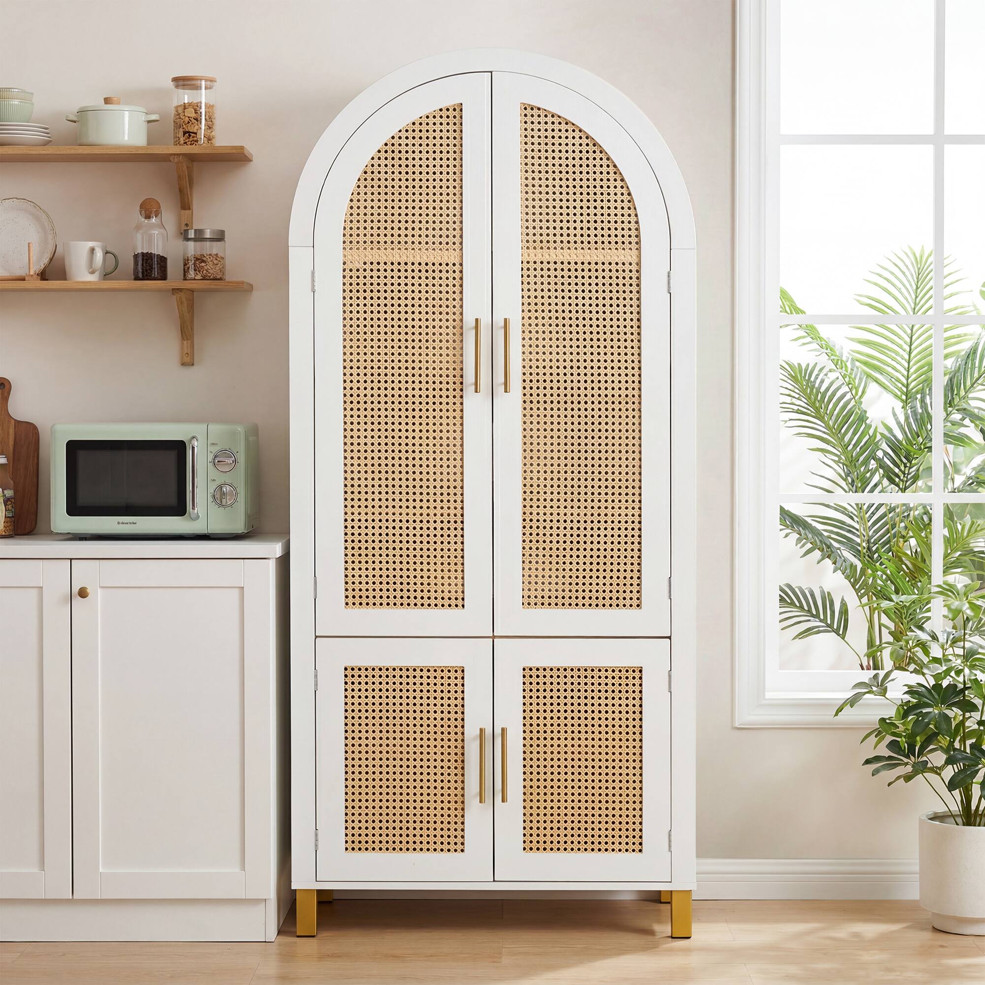 Front. Loheer - Loheer Arched Storage Cabinet with Rattan Doors, White Farmhouse Storage Cabinet with Adjustable Shelves - White.