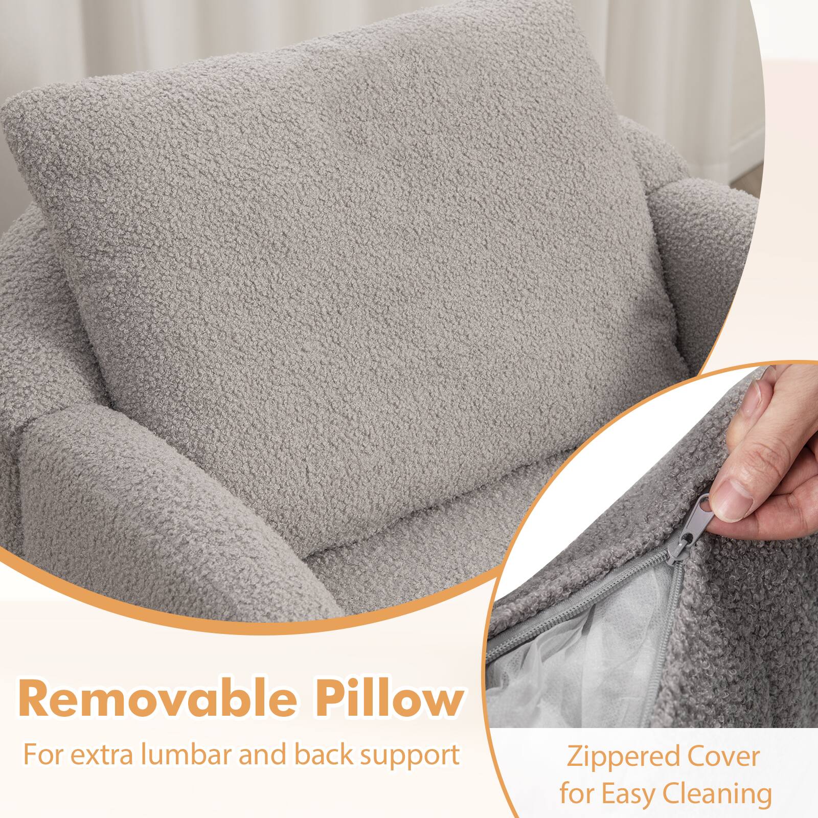 Removable Pillow  
For extra lumbar and back support

Zippered Cover  
for Easy Cleaning