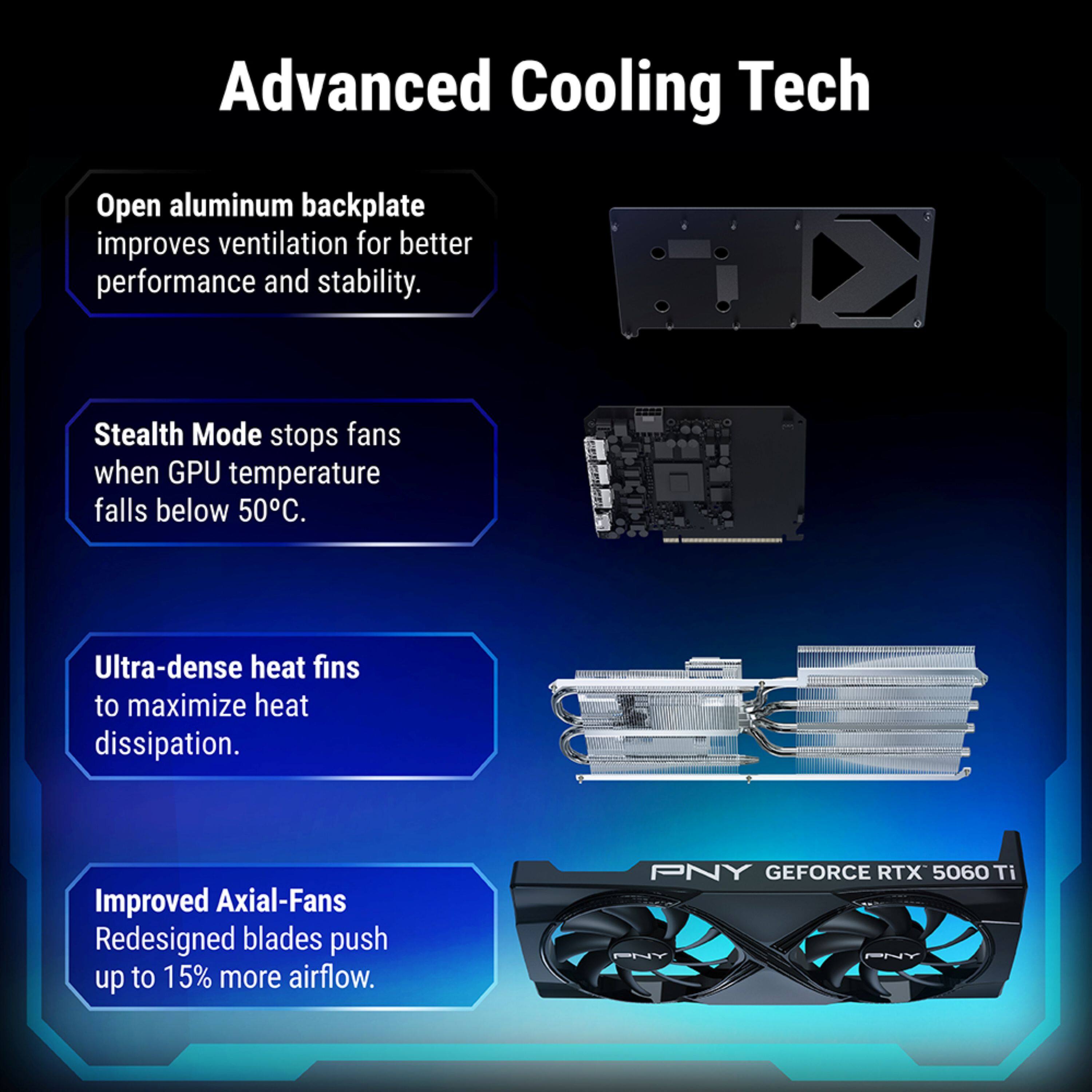 Advanced Cooling Tech

- Open aluminum backplate improves ventilation for better performance and stability.
- Stealth Mode stops fans when GPU temperature falls below 50°C.
- Ultra-dense heat fins to maximize heat dissipation.
- Improved Axial-Fans: Redesigned blades push up to 15% more airflow.

PNY GEFORCE RTX 5060 Ti PNT