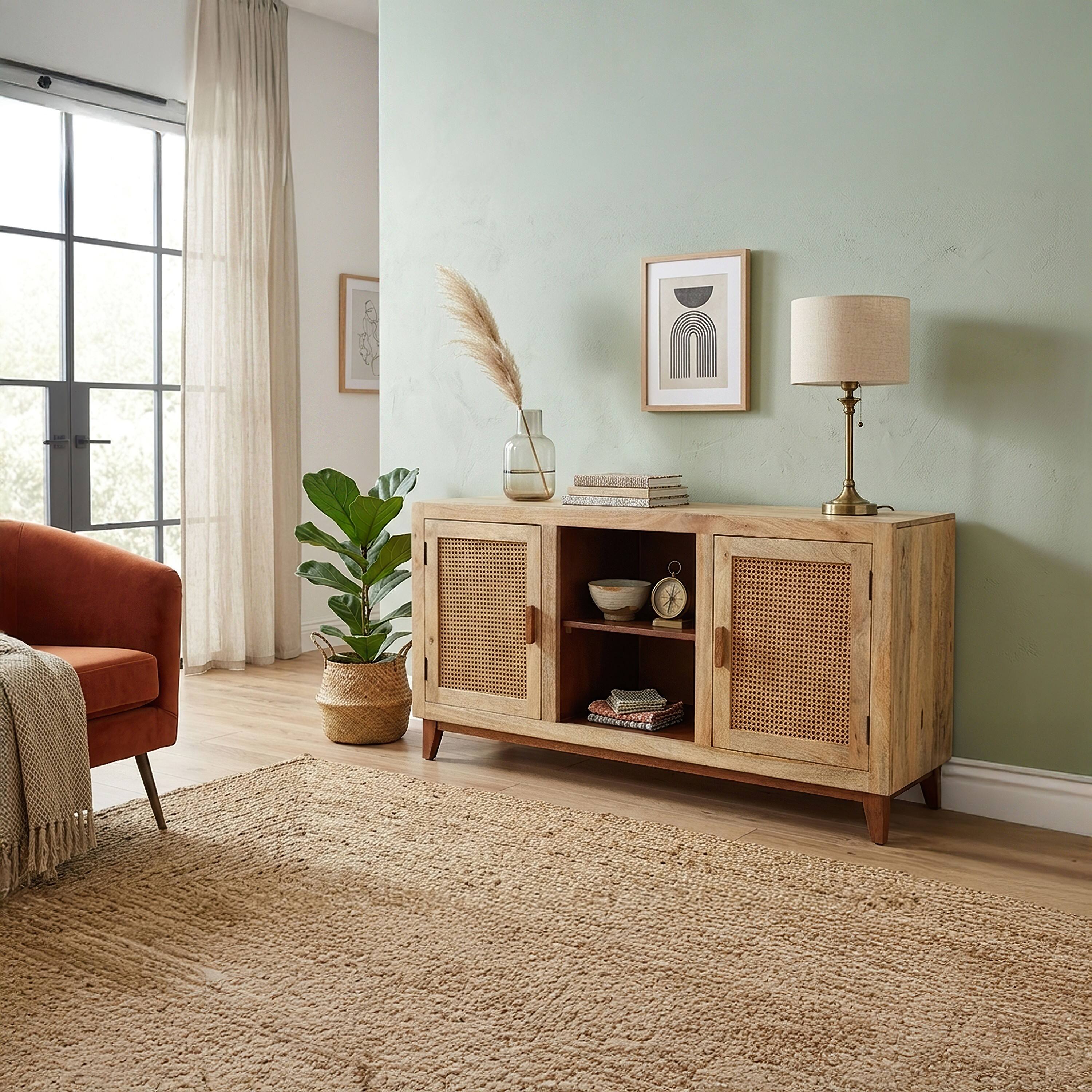Alt View 4. Manhattan Lane - Aru 58 Inch Sideboard Buffet Cabinet, 2 Cane Doors n Open Shelves, 2 Tone Antique Brown Mango Wood - Antique Brown.