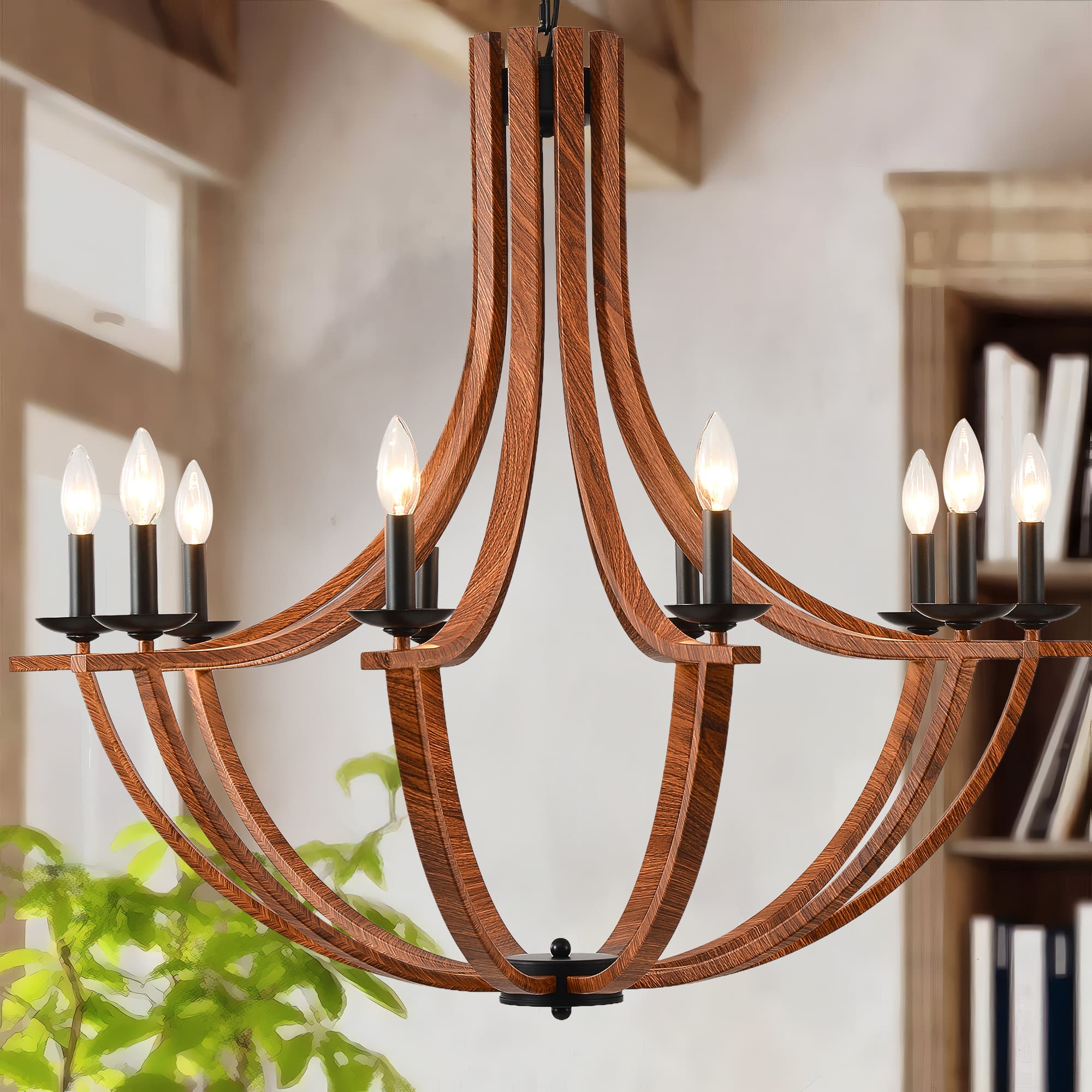 Front. RYHNUYNE - 35"Farmhouse Chandelier,10-Light Dining Room Light Fixture,Rustic Chandelier Wooden Light Fixtures for Living Room - Brown.