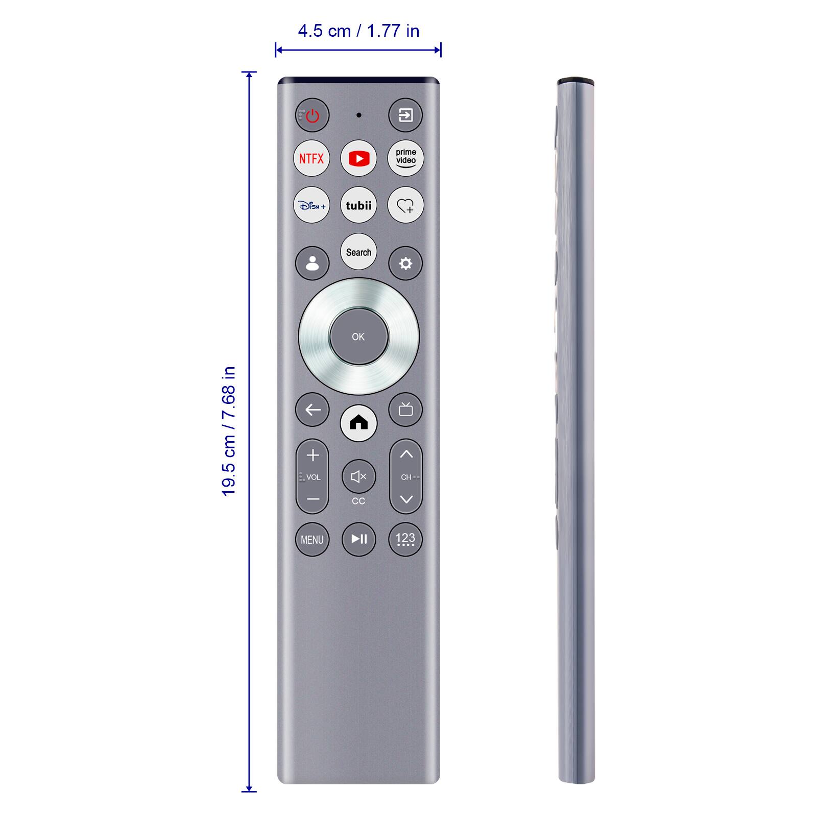 4.5 cm / 1.77 in

NTFX
prime video
Disn+
tubii

Search

19.5 cm / 7.68 in

+ VOL - MENU
OK CC DII
CH 123 ....