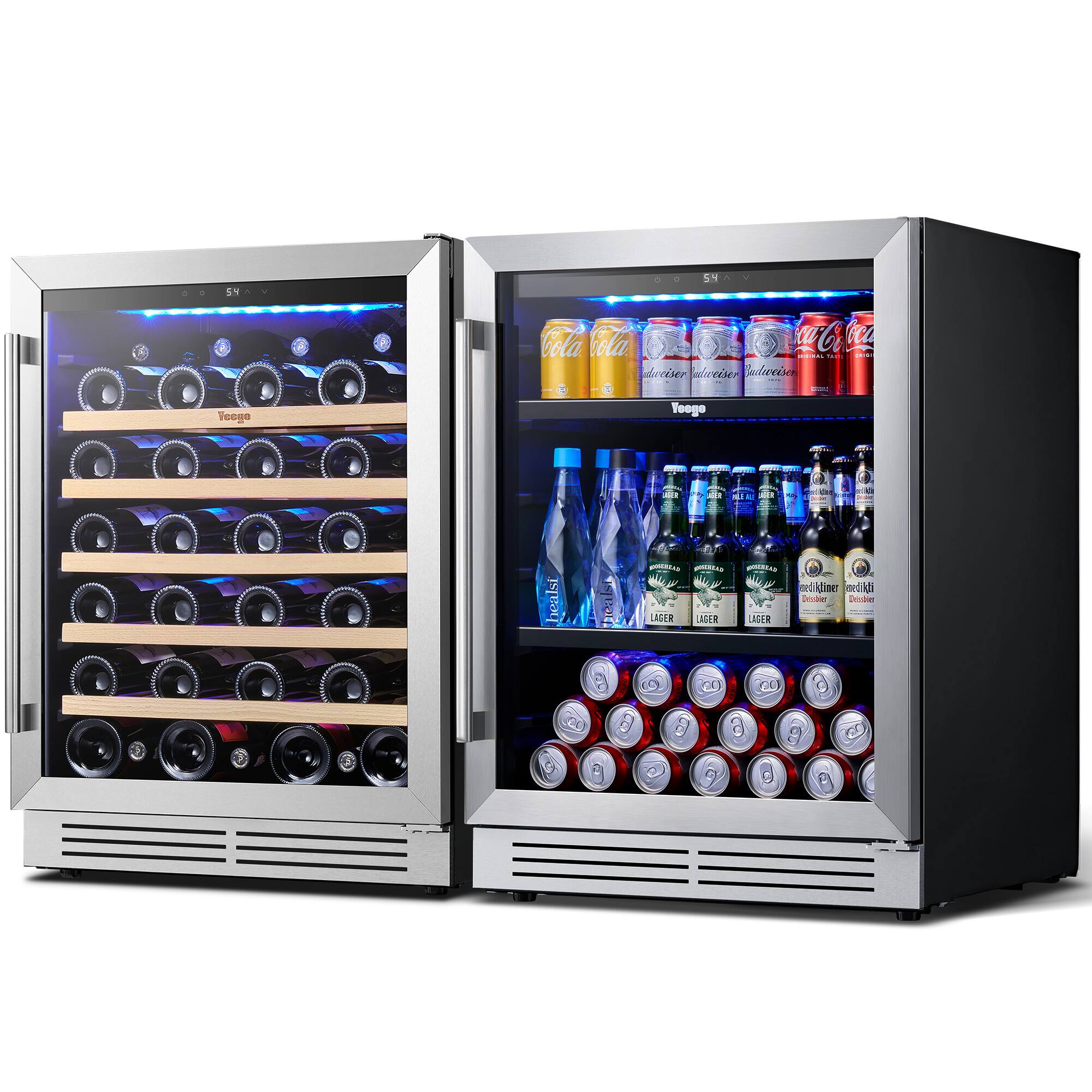 Yeego - Wine Cooler and Beverage Refrigerator, 2×24'' Wine Cooler Side by Side, Under Counter Wine Fridge, Hold 140 Cans and 52 - Silver