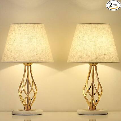Front. Oumilen - Gold Table Lamps Set of 2 - Vintage Nightstand Lamps with Marble Base & Linen Shade for Bedroom Living Room.