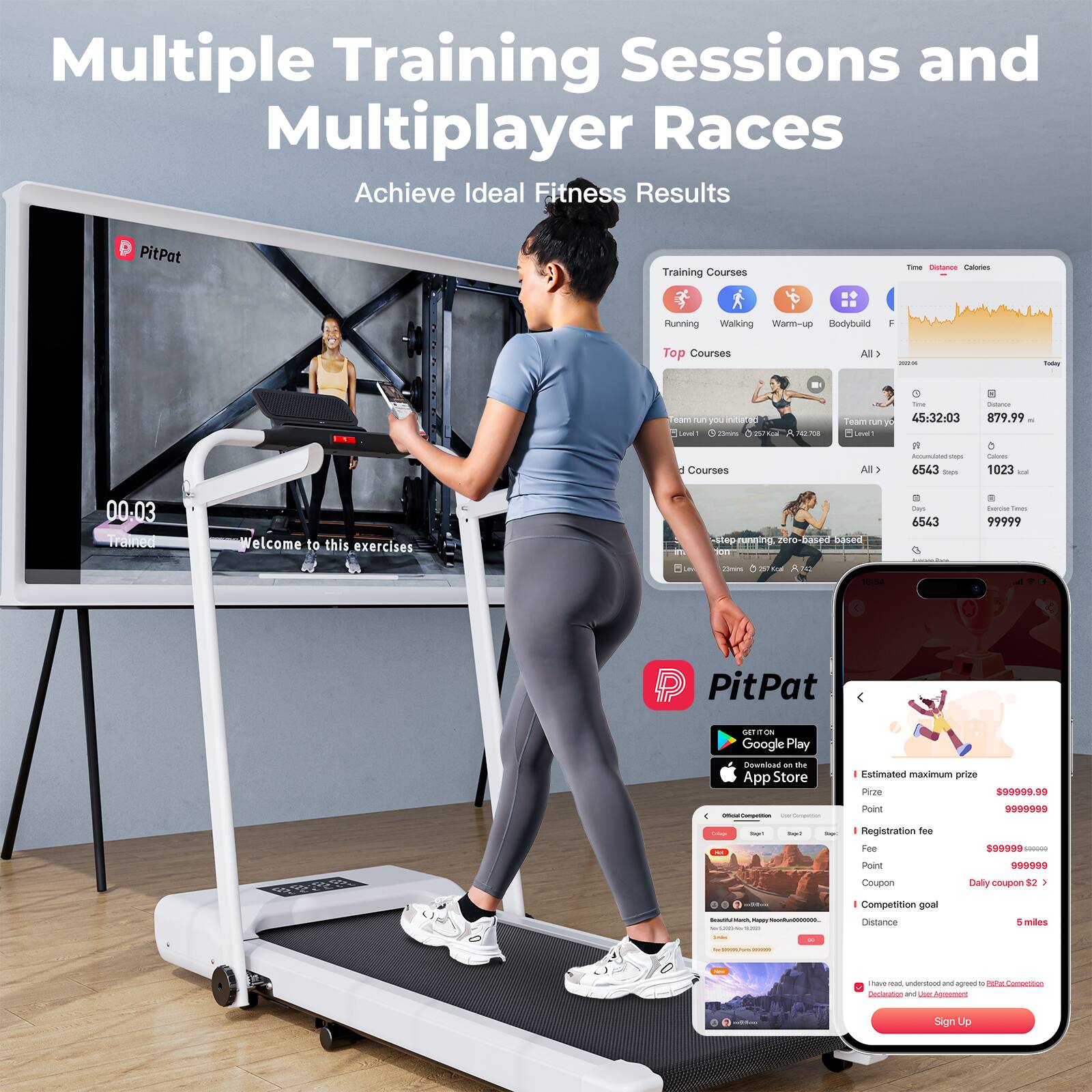 Multiple Training Sessions and Multiplayer Races  
Achieve Ideal Fitness Results  

PitPat Training Courses  

- Running  
- Walking  
- Warm-up  
- Bodybuild  

Top Courses  
- Team run you run  
- Team run you run  

All Courses  
- step running, zero-based  

Welcome to this exercises  

PitPat  
Google Play  
App Store  

Estimated maximum prize  
- Prize: $99999.99  
- Point: 9999999  
- Registration fee: $9999999  
- Daily coupon: $2  
- Competition goal: 5 miles  

Sign Up