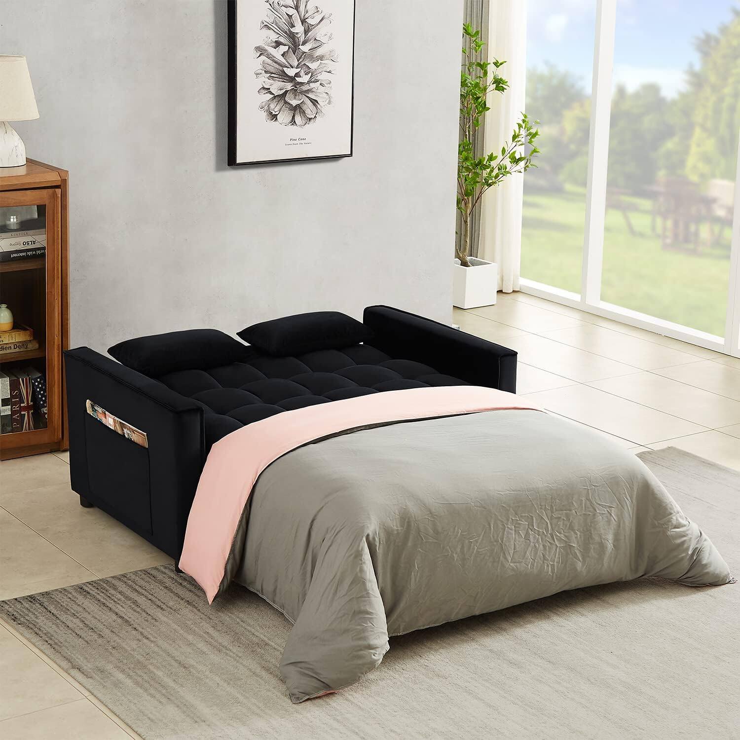 Alt View 3. Trinkets Crazed - Sofa Bed Couch Sleeper Loveseat Convertible Pull-Out Bed Couch With Side Pockets for Small Space - BLACK.