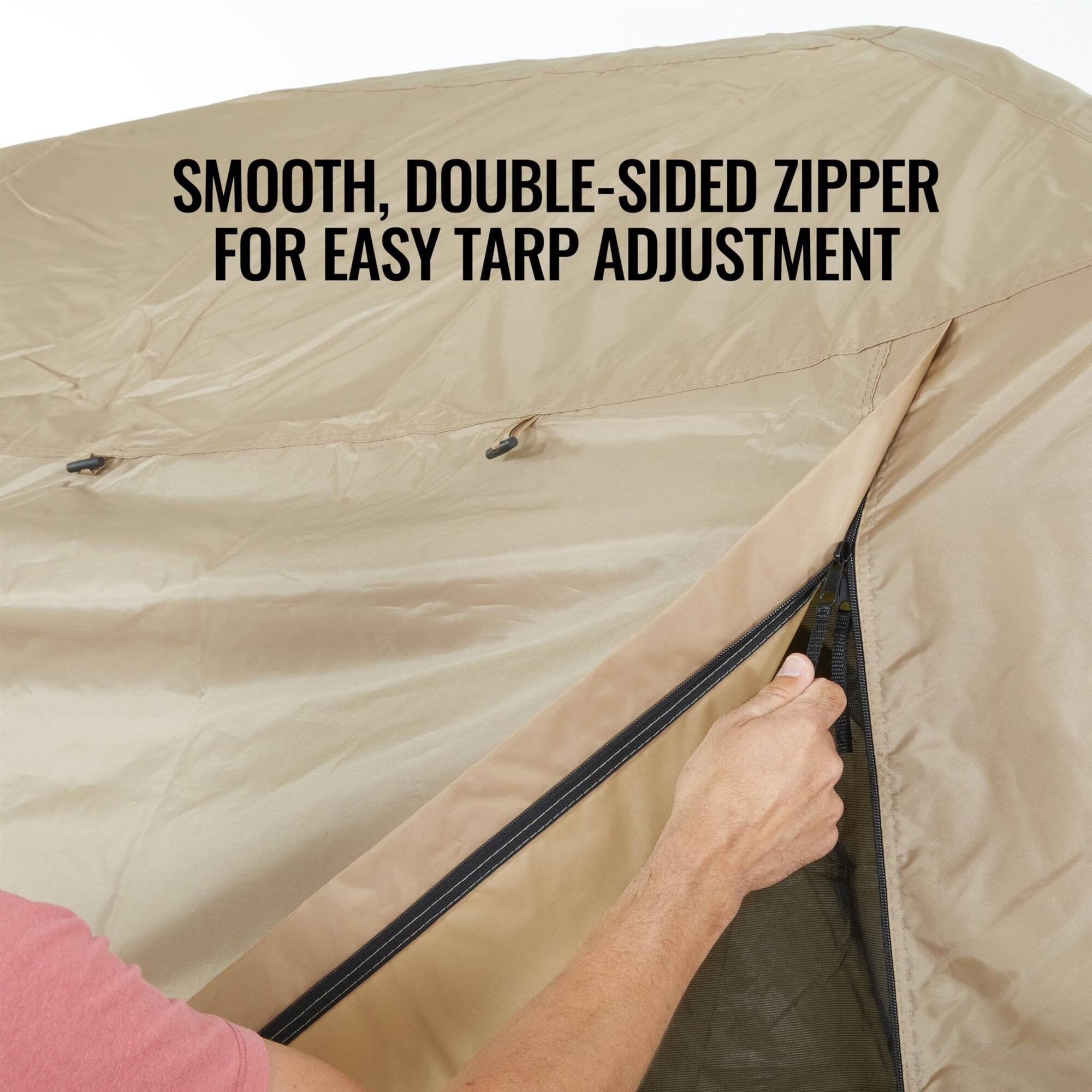SMOOTH, DOUBLE-SIDED ZIPPER FOR EASY TARP ADJUSTMENT