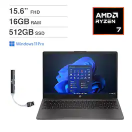 HP - 255 Laptop 15.6 FHD (AMD Ryzen 7 7730U, 16GB DDR4, 512GB PCIe SSD, AMD Radeon, Win 11 Pro) w/USB Hub - Dark Ash Silver