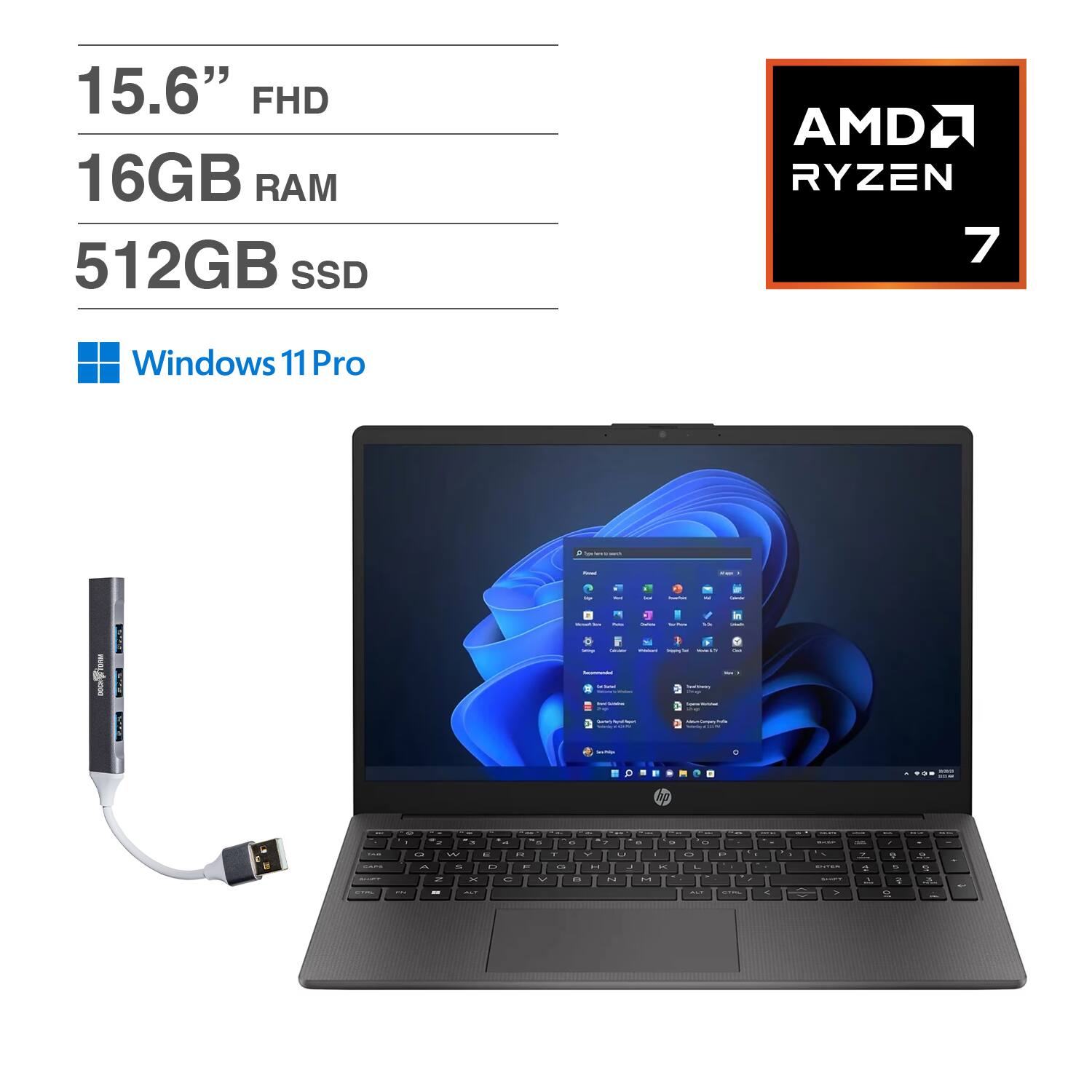 HP - 255 Laptop 15.6 FHD (AMD Ryzen 7 7730U, 16GB DDR4, 512GB PCIe SSD, AMD Radeon, Win 11 Pro) w/USB Hub - Dark Ash Silver