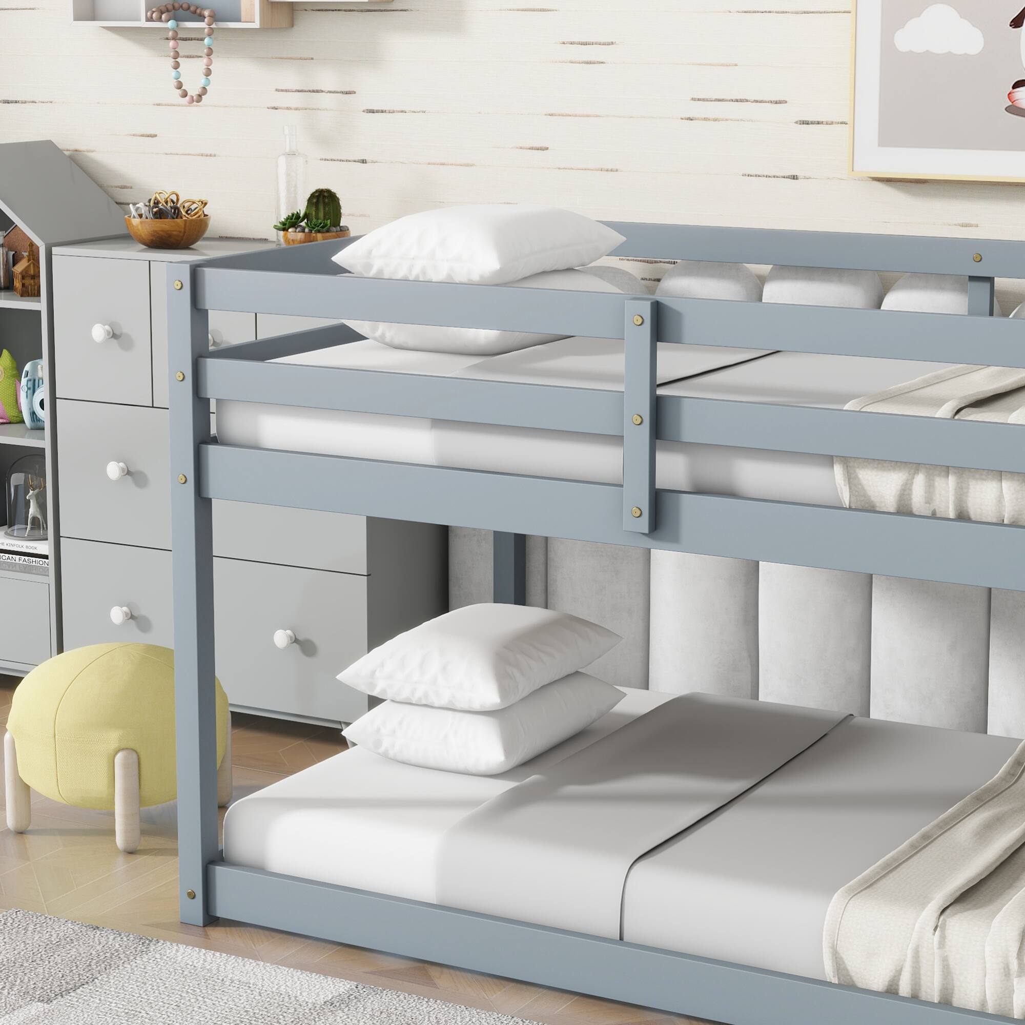 Alt View 8. GOODSILO - Solid Wood Twin Over Twin Floor Bunk Bed with Ladder and Strengthened Slats for Enhanced Stability - Grey.