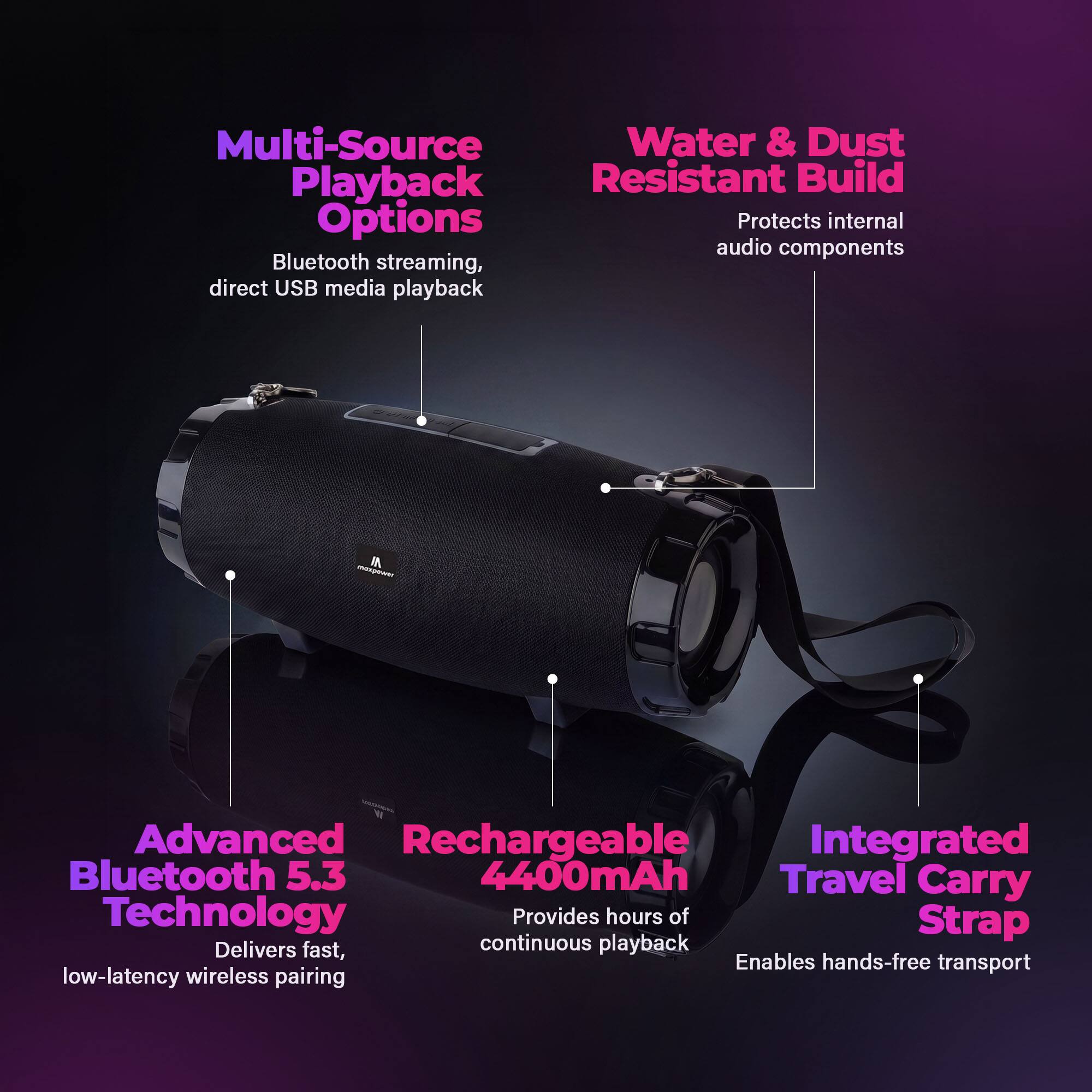 Multi-Source Playback Options  
Bluetooth streaming, direct USB media playback

Water & Dust Resistant Build  
Protects internal audio components

Advanced Bluetooth 5.3 Technology  
Delivers fast, low-latency wireless pairing

Rechargeable 4400mAh  
Provides hours of continuous playback

Integrated Travel Carry Strap  
Enables hands-free transport