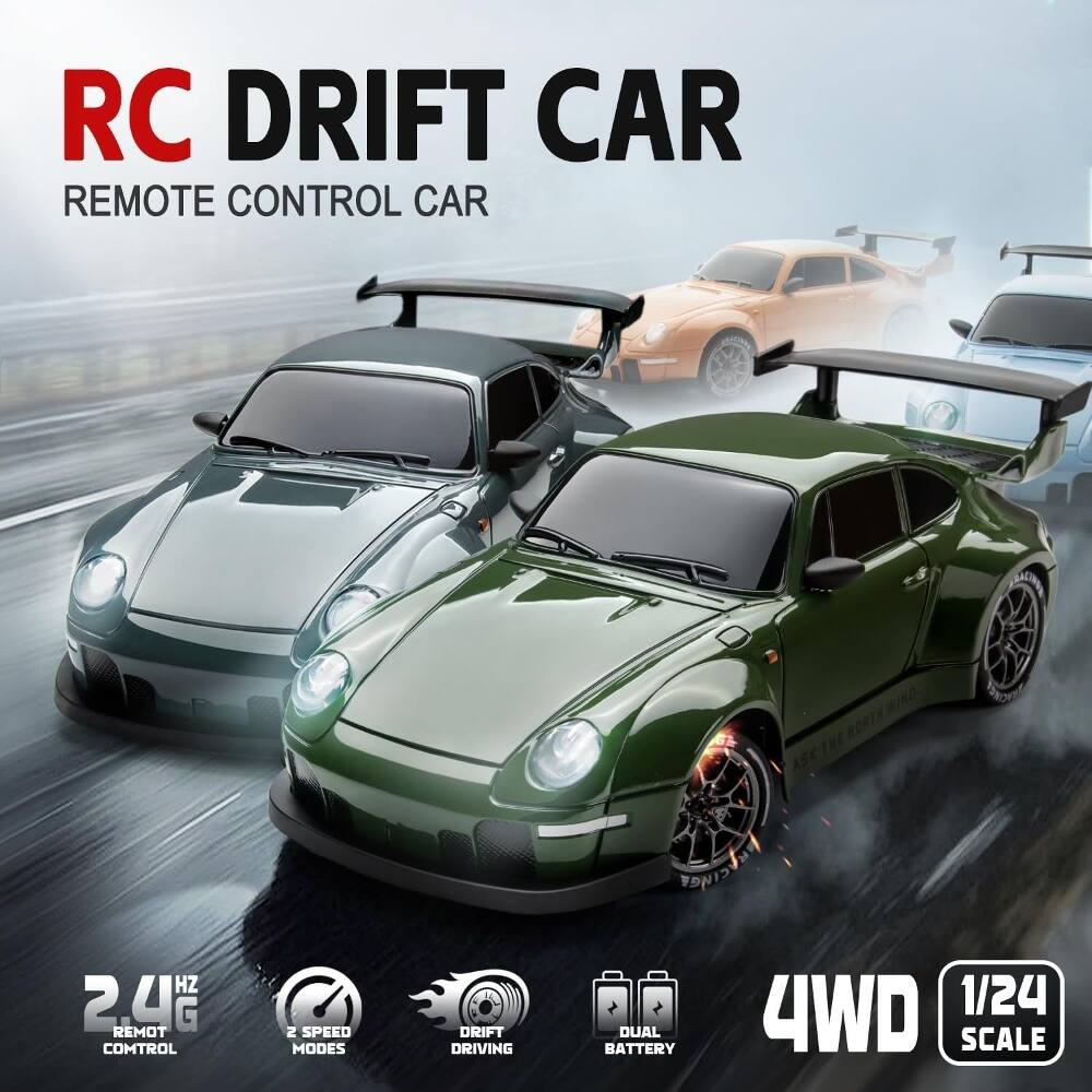 RC DRIFT CAR  
REMOTE CONTROL CAR  
AACINA WIND NORTH THE ASK RO ACINGE  
2.4 REMOT G COMTROL  
2 SPEED MODES  
DRIFT DRIVING  
DUAL BATTERY  
4WD  
1/24 SCALE