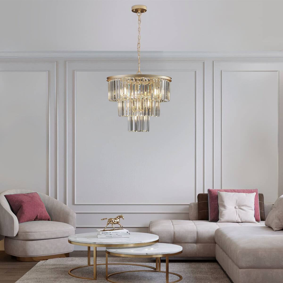 Alt View 1. Loheer - Loheer 20 inch Crystal Chandelier, Seven Light Gold Frame Pendant for Living Room or Dining Room.