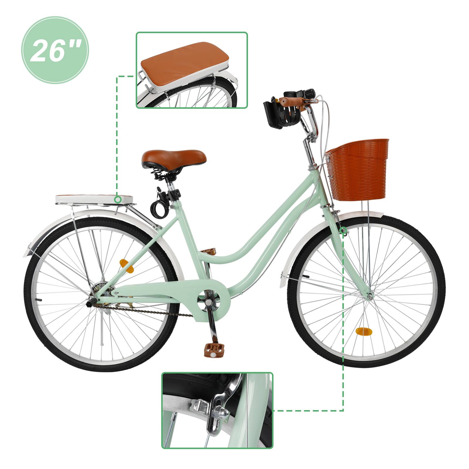 Alt View 2. Topteng - 26 Inch Beach Cruiser Bike for Adult -Low Step Design, Basket & Rack, High Carbon Steel Frame, Dual Brakes Bicycle Green - Green.