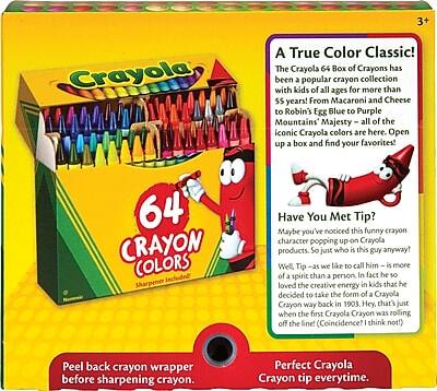 **A True Color Classic!**  
The Crayola 64 Box of Crayons has been a popular crayon collection with kids of all ages for more than 55 years! From Macaroni and Cheese to Robin's Egg Blue to Purple Mountains Majesty, all of the iconic Crayola colors are here. Open up a box and find your favorites!

**64 CRAYON COLORS**  
Included Sharpener

**Have You Met Tip?**  
Maybe you've noticed this funny crayon character popping up on Crayola products. So just who is this guy anyway! Well, Tip - as we like to call him - is more of a spirit than a person. In fact, he so loved the creative energy in kids that he decided to take the form of a Crayola Crayon way back in 1903, when the first Crayola Crayon was rolling off the line! (Coincidence? I think not!)

**Perfect Crayola Crayon tip everytime.**  
Peel back crayon wrapper before sharpening crayon.