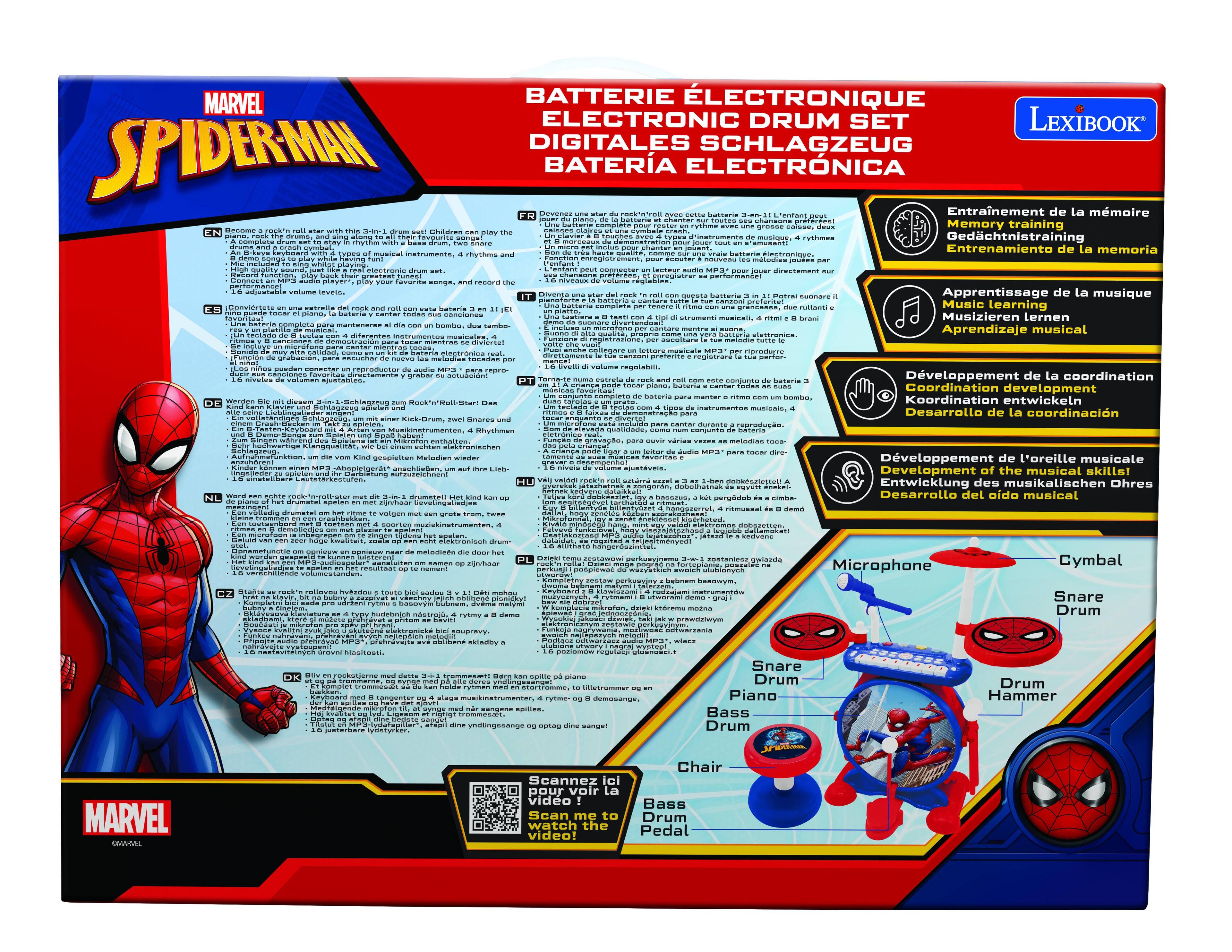 MARVEL BATTERIE ÉLECTRONIQUE DIGITALE SCHLAGZEUG BATERÍA ELECTRÓNICA

LEXIBOOK

Become a rock 'n' roll star with this 3-in-1 drum set! Children can play the complete drum set to stay in rhythm with a drum machine, play along with their favorite songs, and record their own music. Includes a microphone, cymbal, and drum hammer.

- Entrainement de la mémoire
- Apprentissage de la musique
- Développement de la coordination
- Développement de l'oreille musicale

Scan me to watch the video!