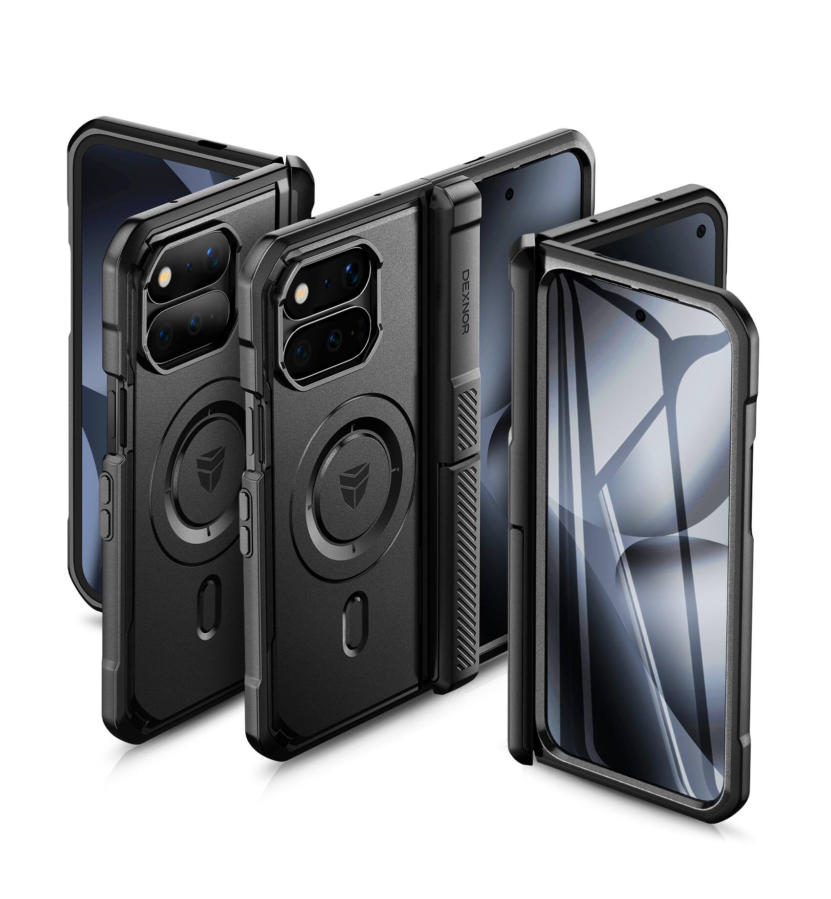 Angle. Dexnor - Rugged Case for Google Pixel 11 Pro Fold,Compatible with MagSafe,Built-in Kickstands, Screen Protector, Hinge Protection - Black.