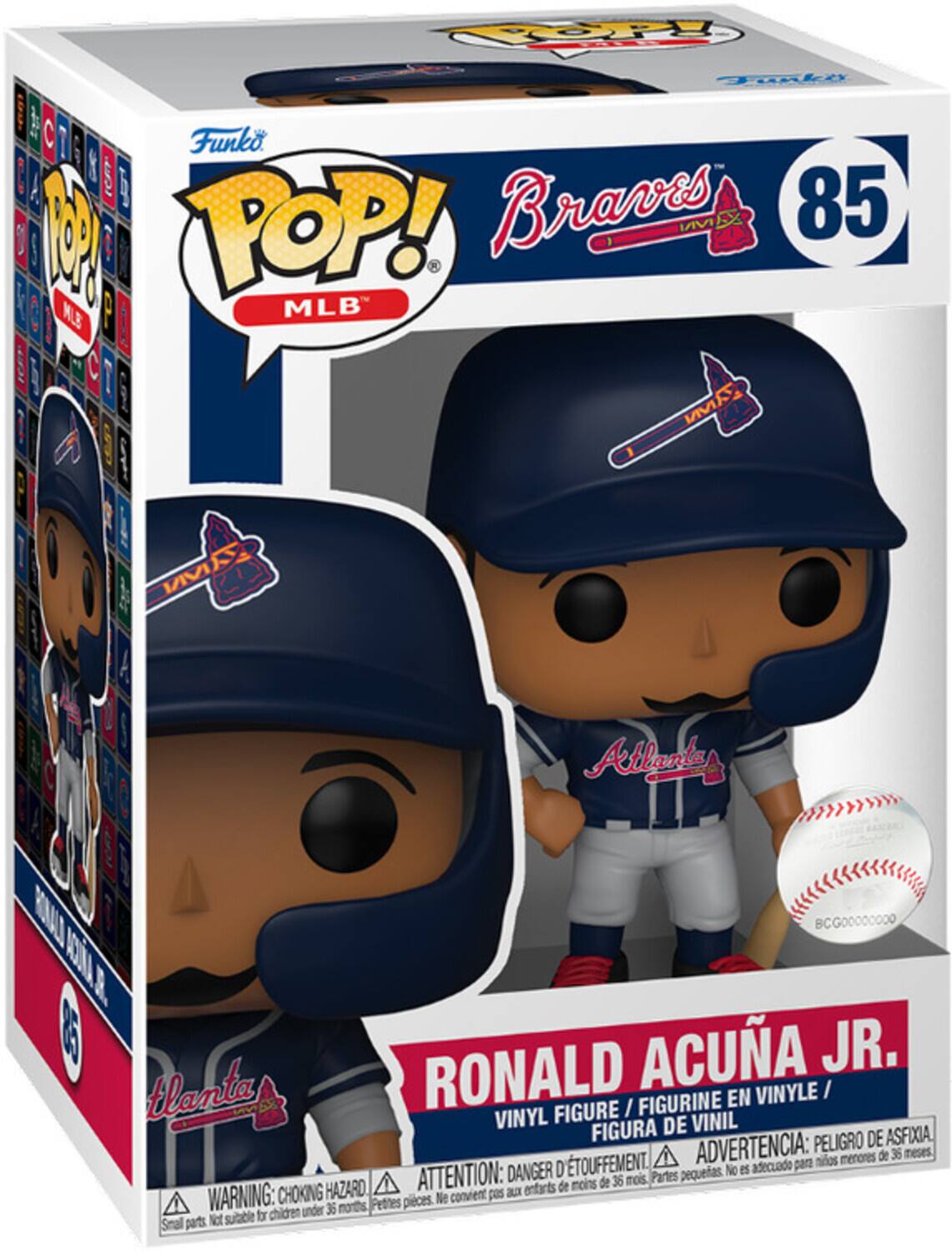 The text on the image is:

"Funko POP! MLB Braves 85 Ronald Acuña Jr. Vinyl Figure / Figurine en Vinyle / Figura de Vinil. Advertencia: Peligro de asfixia. Aviso: DANGER DE ETOUFFEMENT. Attention: DANGER D'ETOUFFEMENT. Warning: Choking Hazard. Not suitable for children under 36 months. Ne convient pas aux enfants de moins de 36 mois. Not suitable for children under 36 months. Small parts. Pequeñas piezas. Pequenas partes. Pequenas piezas."

Corrected and grouped text:

"Funko POP! MLB Braves 85 Ronald Acuña Jr. Vinyl Figure / Figurine en Vinyle / Figura de Vinil. Advertencia: Peligro de asfixia. Aviso: DANGER DE ETOUFFEMENT. Attention: DANGER D'ETOUFFEMENT. Warning: Choking Hazard. Not suitable for children under 36 months. Ne convient pas aux enfants de moins de 36 mois. Small parts. Pequeñas piezas. Pequenas partes."
