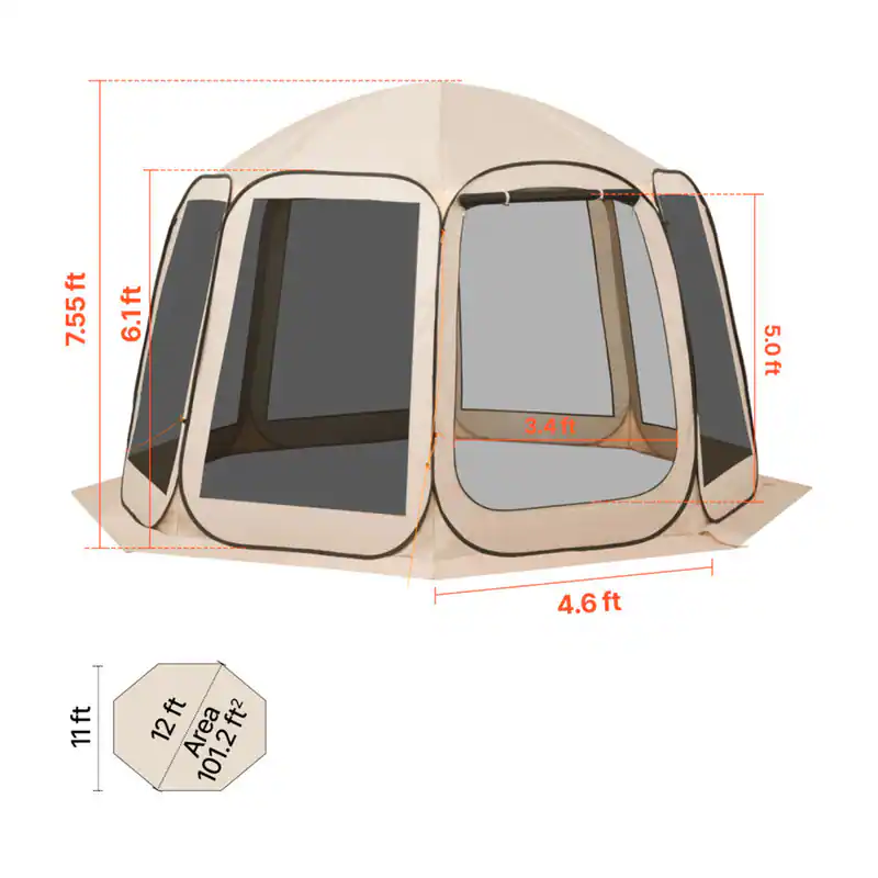- Height: 7.55 ft
- Width: 6.1 ft
- Depth: 5.0 ft
- Door Height: 3.4 ft
- Door Width: 4.6 ft
- Floor Length: 11 ft
- Floor Width: 12 ft
- Area: 101.2 ft²