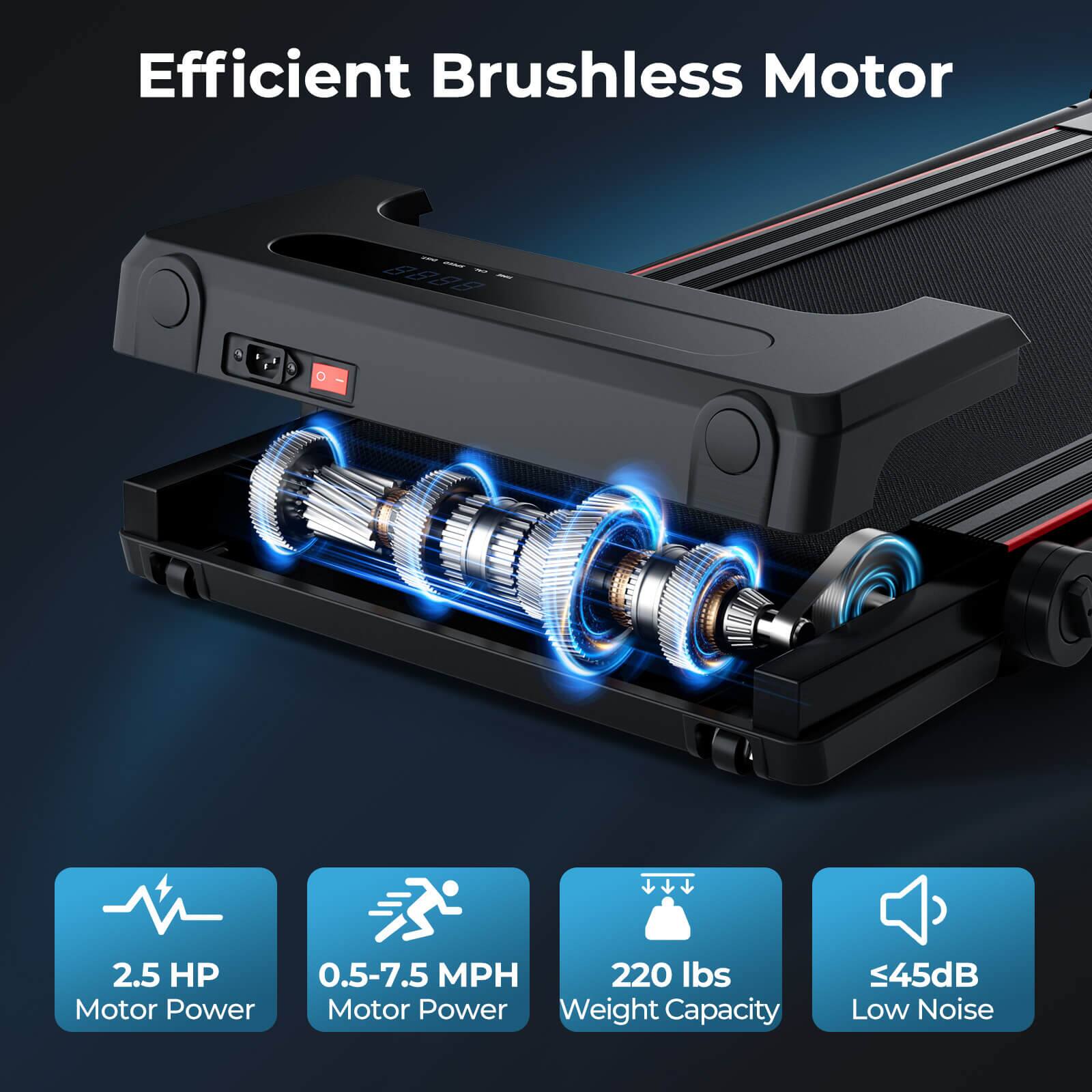 Efficient Brushless Motor

- 2.5 HP Motor Power
- 0.5-7.5 MPH
- 220 lbs Weight Capacity
- ≤45dB Low Noise