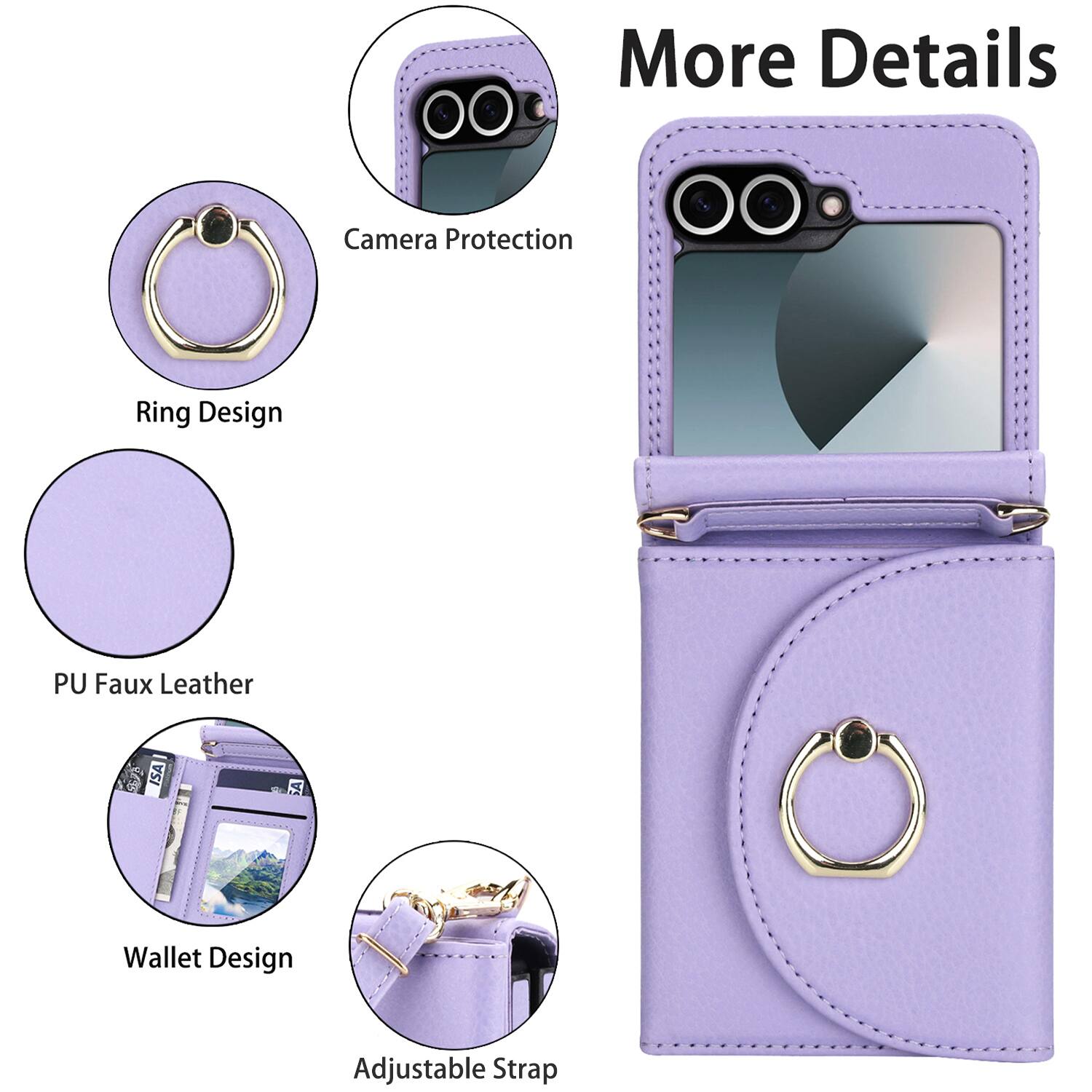 More Details  
Camera Protection  
Ring Design  
PU Faux Leather  
Wallet Design  
Adjustable Strap